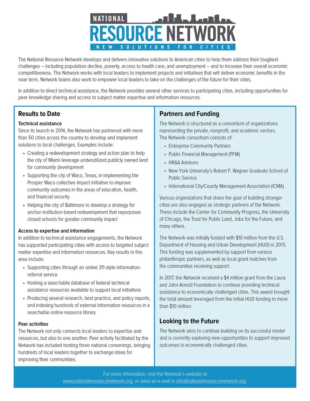 Document titled 'National Resource Network: New Solutions for Cities' with sections on results, partners, funding, and future plans, including text about collaborations, initiatives, and funding sources.