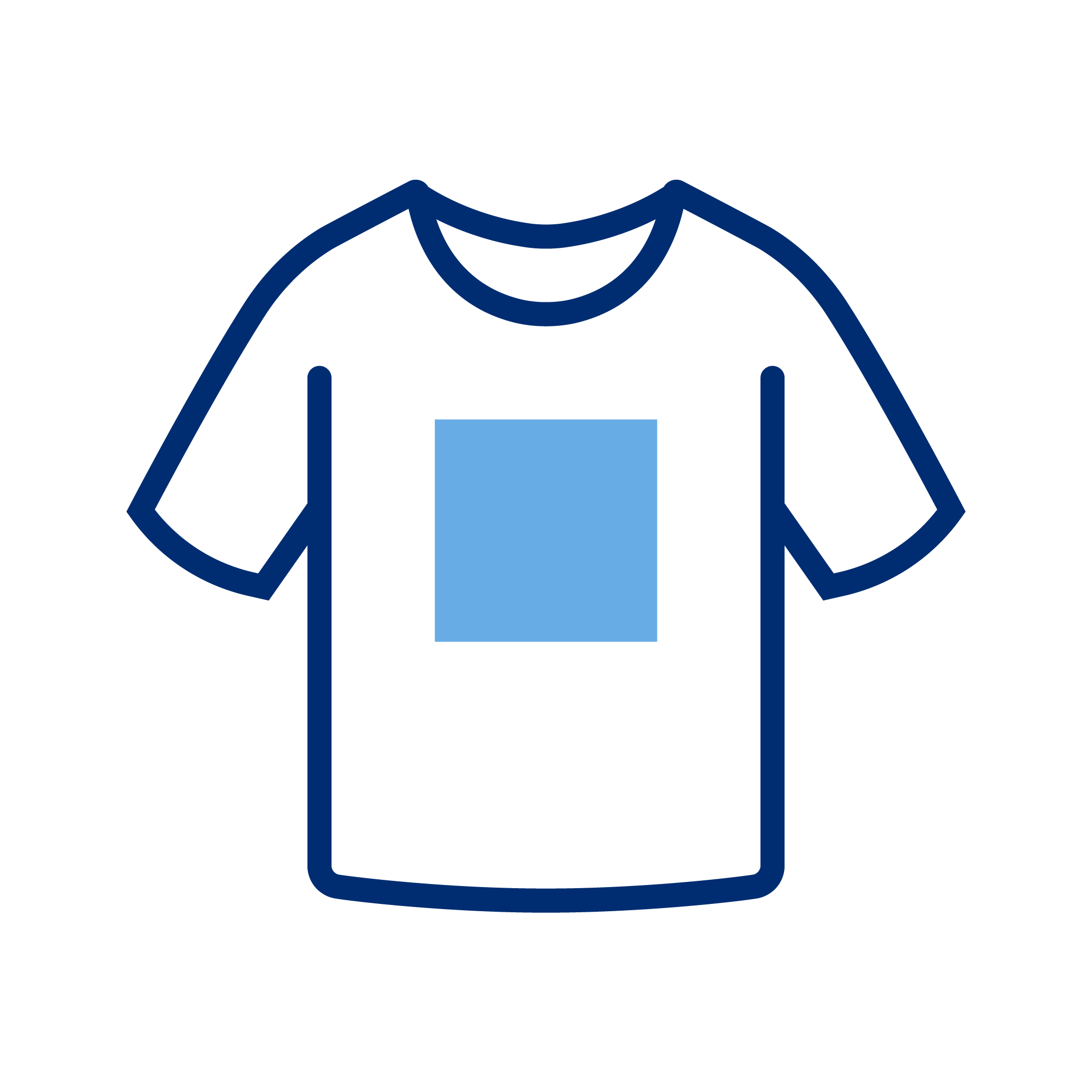Icon of a T-shirt with a light blue square on the front.