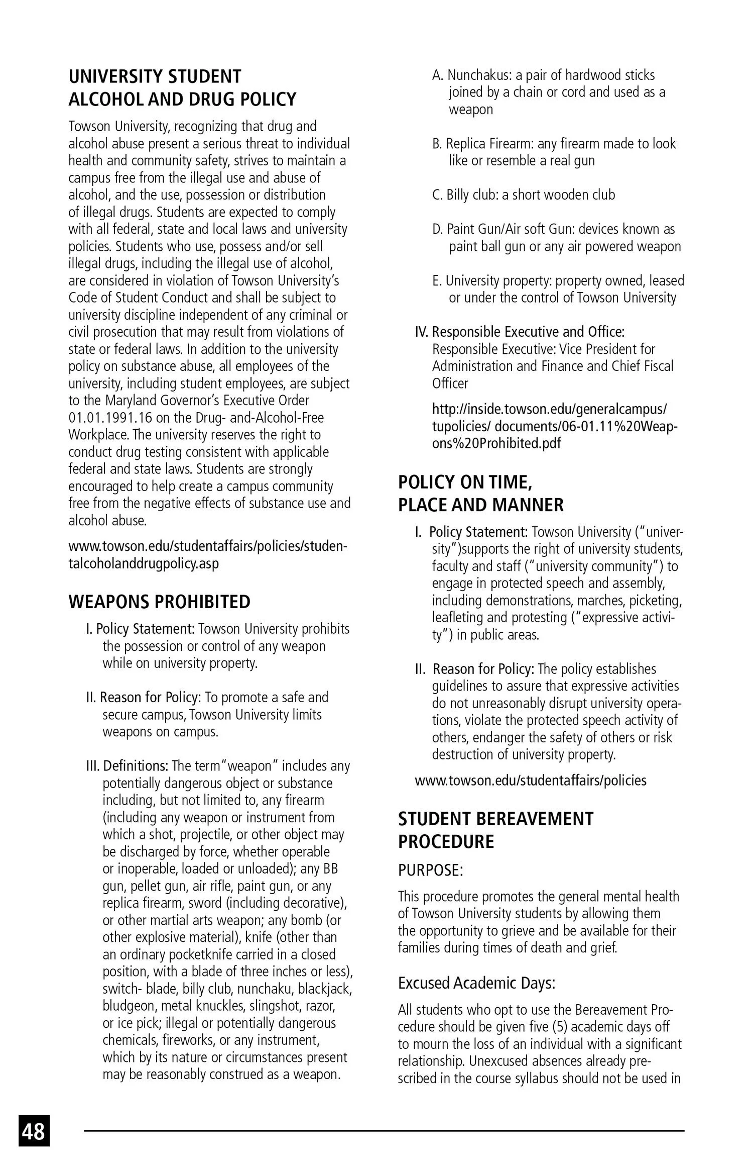 A college campus document titled 'University Student Alcohol and Drug Policy' outlining policies on prohibited weapons, policies on time, place, manner, student bereavement procedures, and related guidelines.