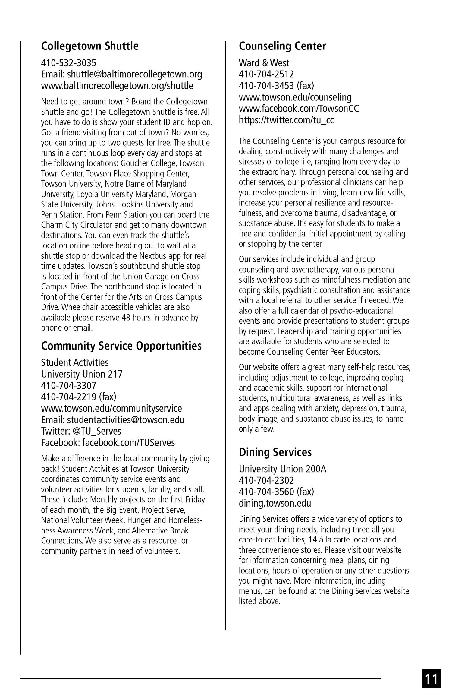 A page from a brochure or guide with information about services at Towson University, including shuttle schedules, community service opportunities, counseling center details, and dining services.
