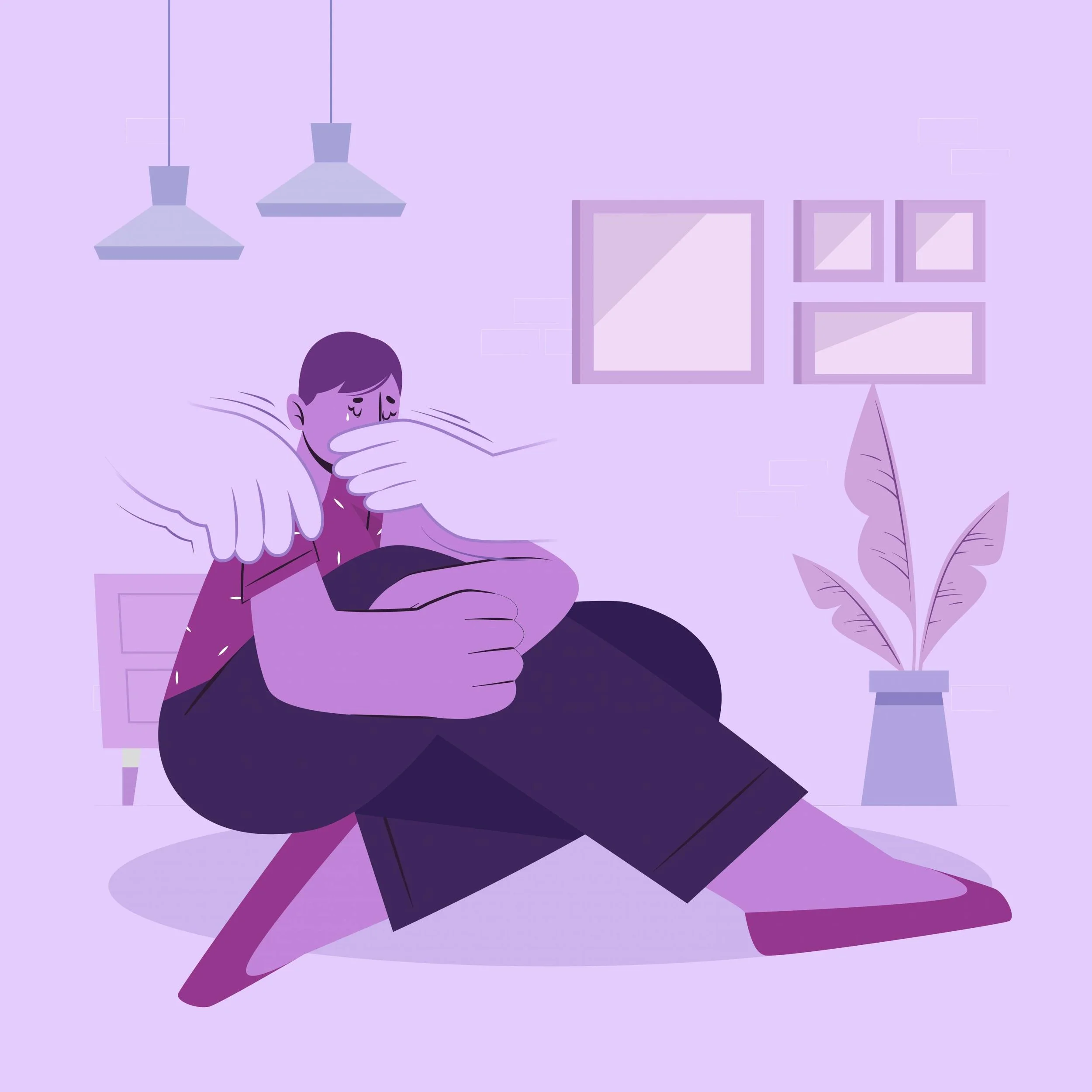 Illustration of a person crying while being comforted by large hands, sitting on the floor in a room with a potted plant, picture frames, and hanging lamps.