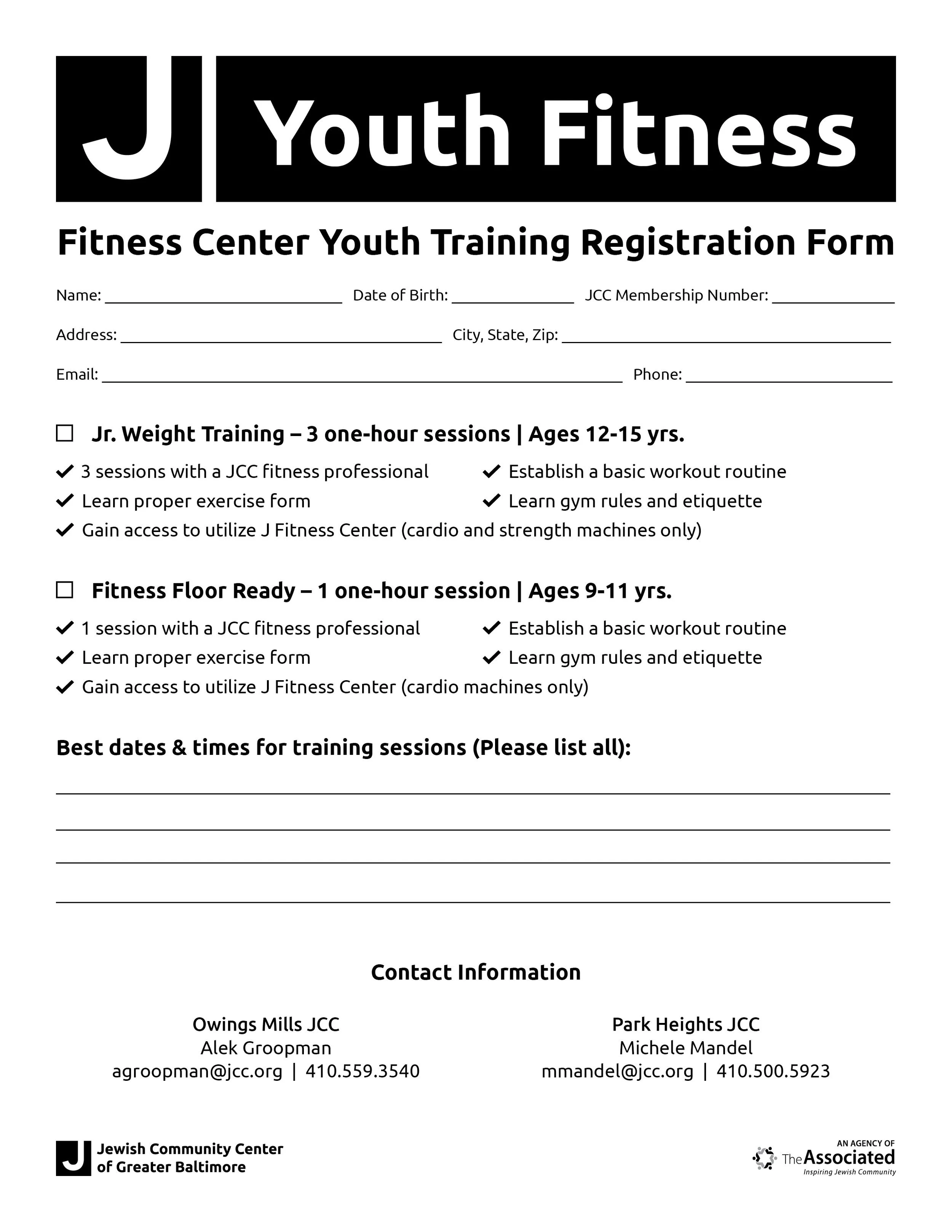A registration form for JCC Youth Fitness programs, including options for Jr. Weight Training for ages 12-15 and Fitness Floor Ready for ages 9-11, with fields for personal information and preferred training dates.