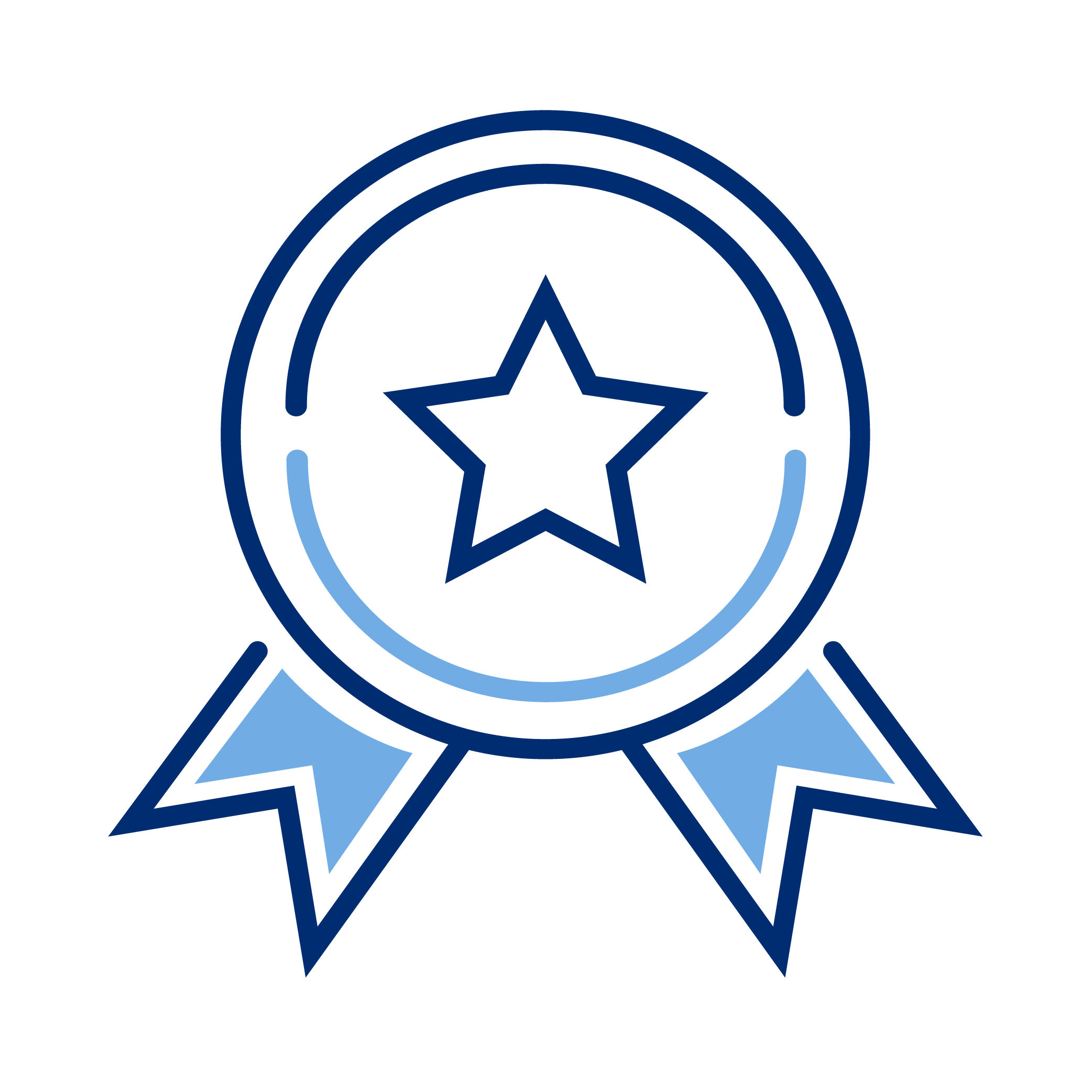 Outline of a medal with a star in the center and two ribbons below, depicted in dark and light blue lines.