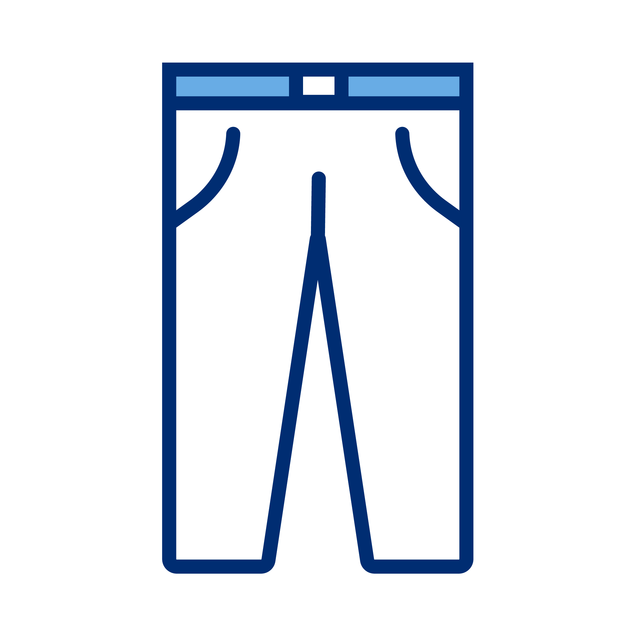 Outline illustration of a pair of pants with pockets, drawstring waist, and straight leg design, depicted in shades of blue.