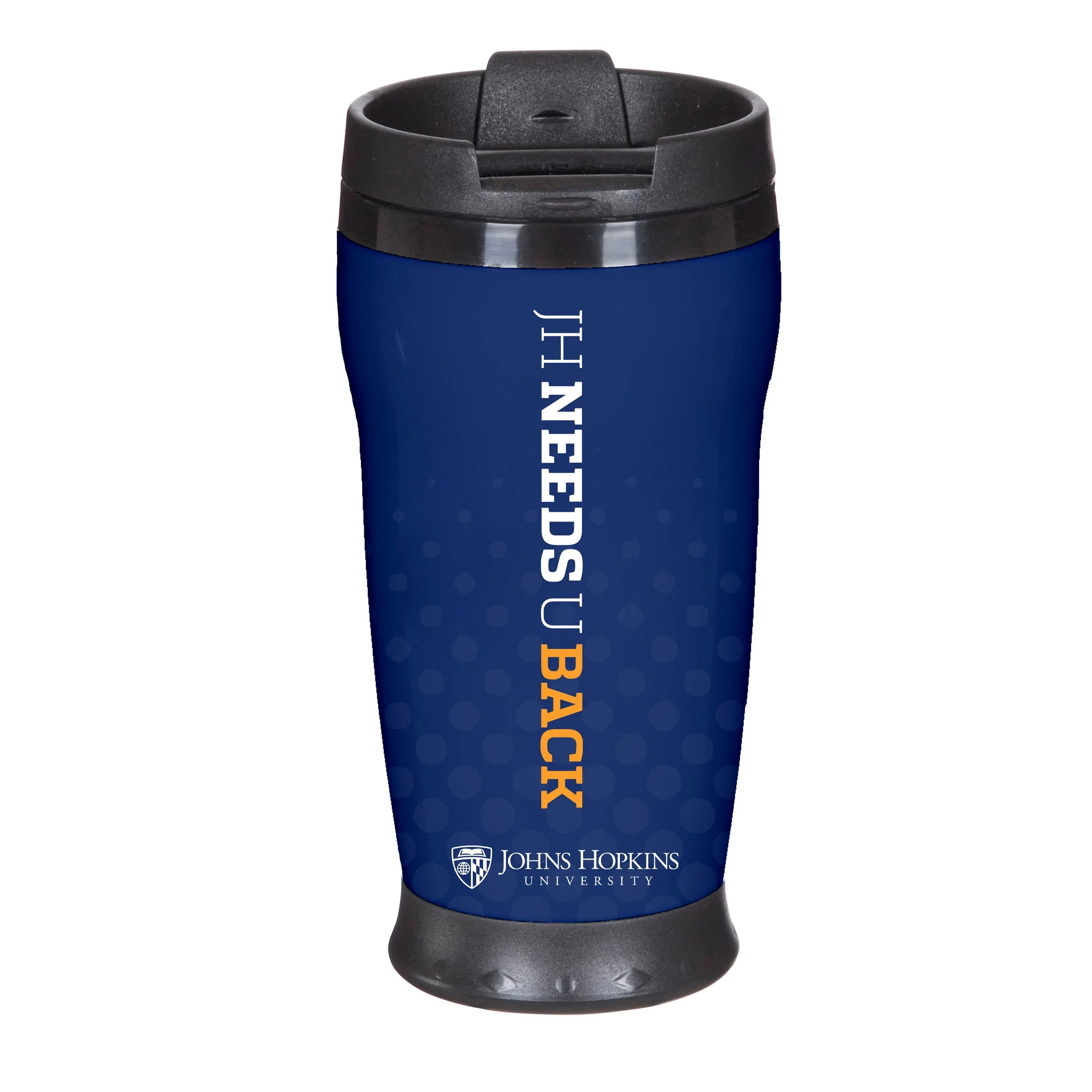 Blue travel mug with Johns Hopkins University logo and text 'The Best U' and 'Back' printed on it.