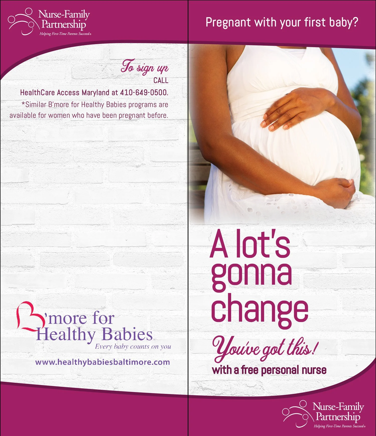 A flyer from Nurse-Family Partnership promoting support for pregnant women with their first baby. The flyer features an image of a pregnant woman in a white dress, with details on signing up for free personal nurse support through Maryland Healthcare