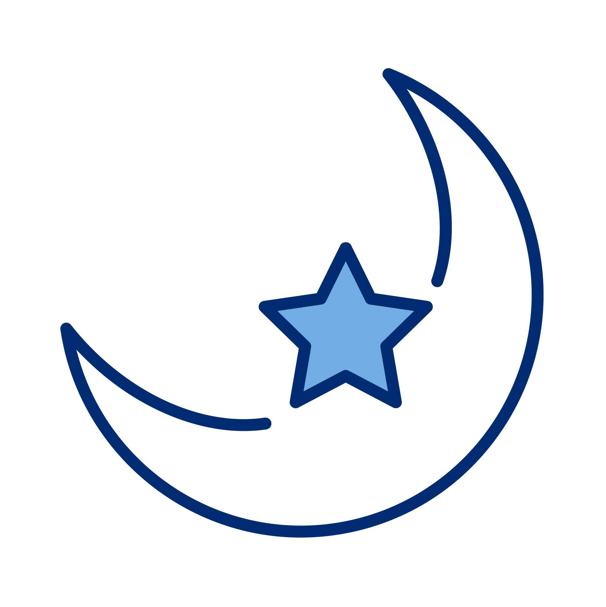 Illustration of a crescent moon with a star in the center, both outlined in dark blue with blue fill, on a black background.