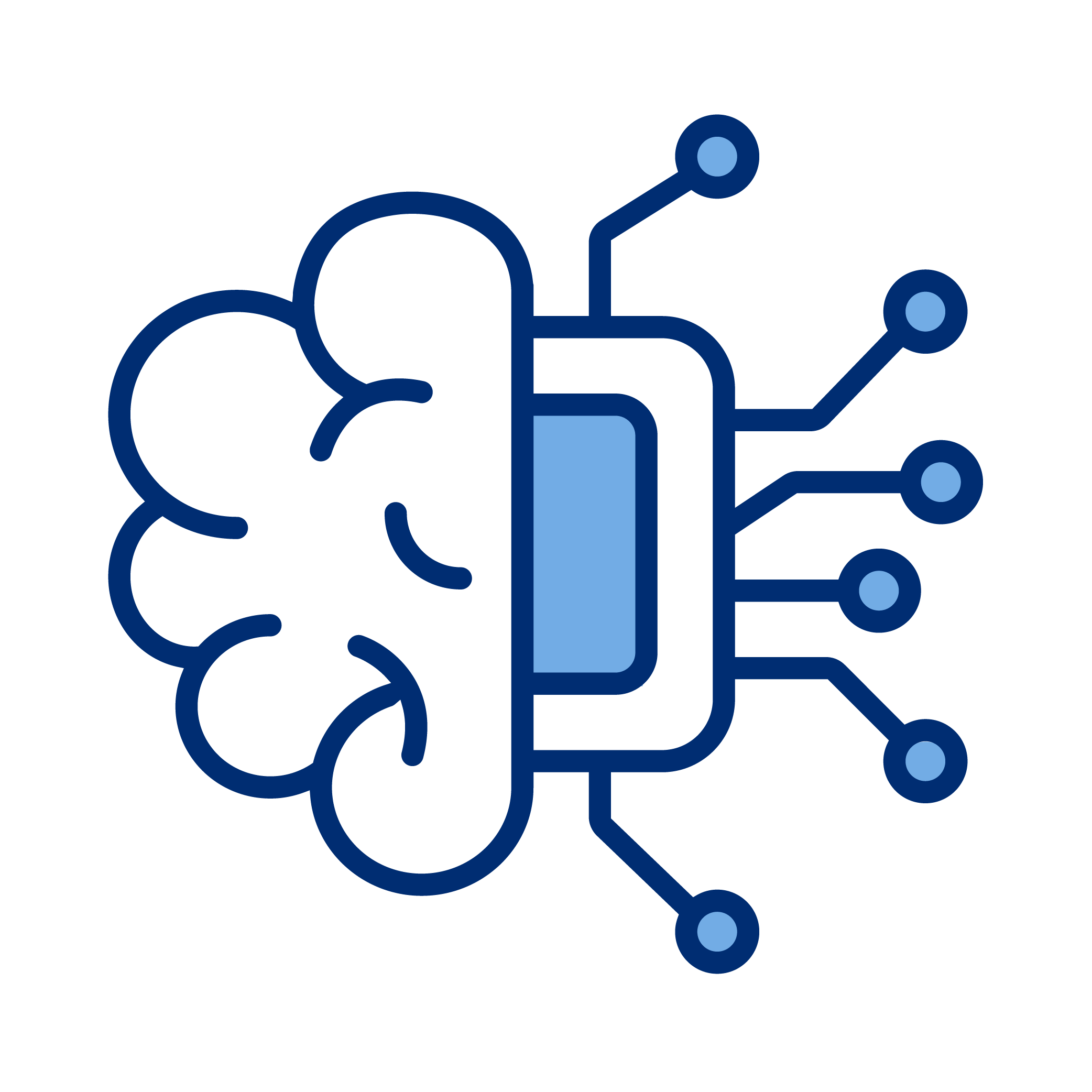 Graphic of a brain connected to a circuit board, representing artificial intelligence or neural networks.