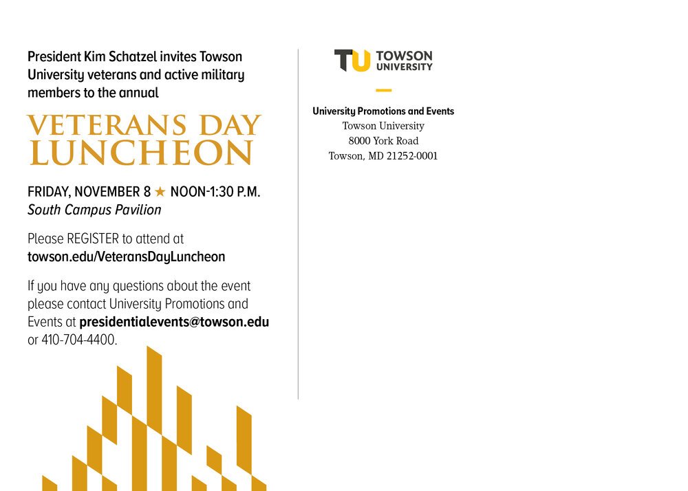Invitation to Towson University Veterans Day Luncheon on November 8, 2023, from noon to 1:30 PM at the South Campus Pavilion, with contact information for event inquiries, including a website and email address.