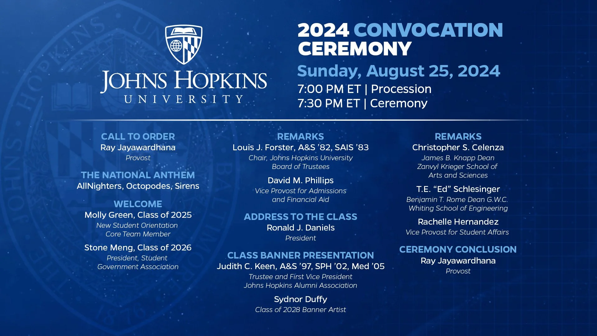 Digital invitation for Johns Hopkins University 2024 Convocation Ceremony held on Sunday, August 25, 2024, with schedule and speakers listed, including call to order, national anthem, welcome, addresses, class banner presentation, remarks, and conclu