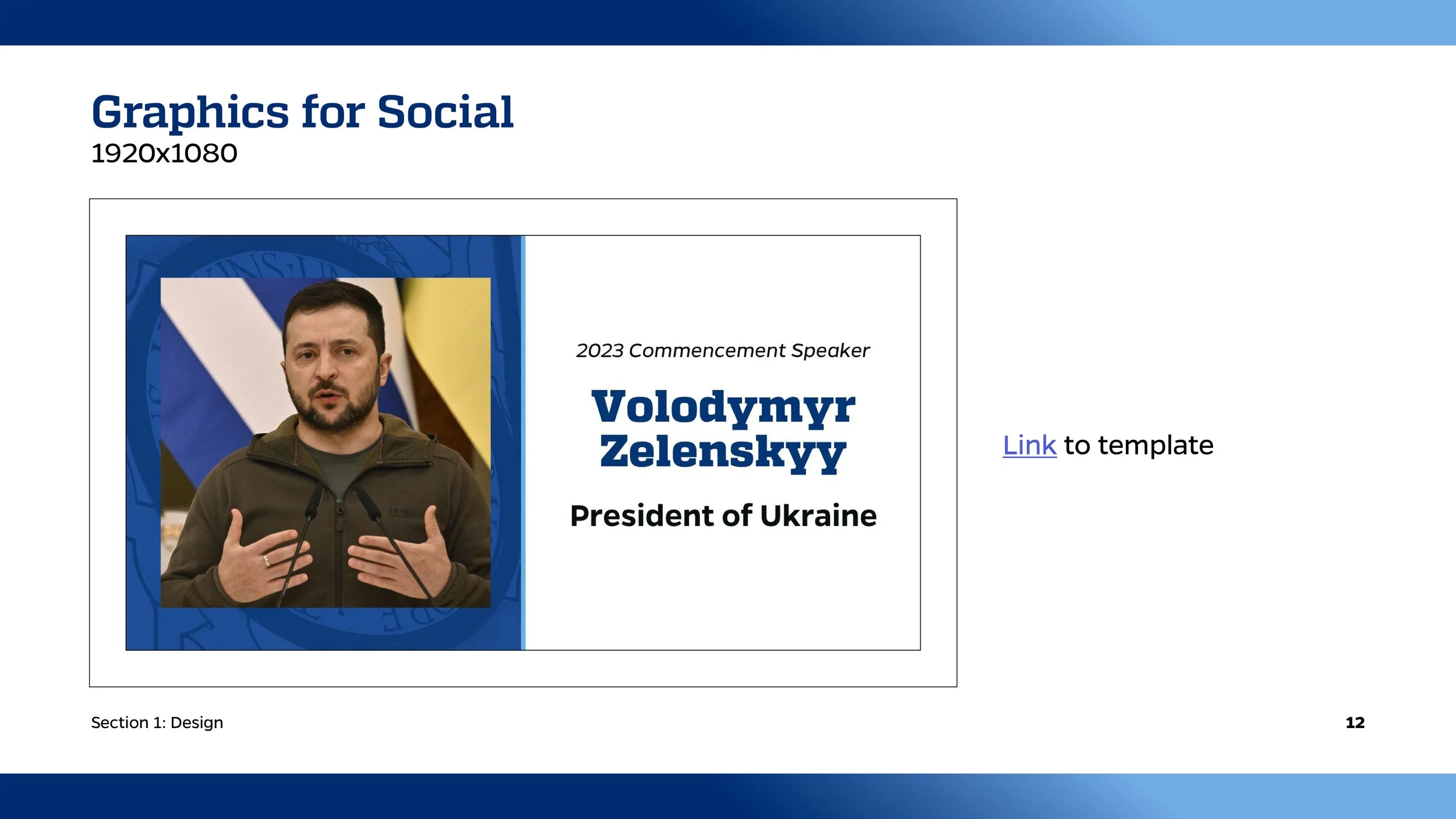 Slide titled 'Graphics for Social' with a photo of Volodymyr Zelenskyy, President of Ukraine, speaking into microphones with flags in the background. Text beside the photo includes '2023 Commencement Speaker', 'Volodymyr Zelenskyy', and 'President of