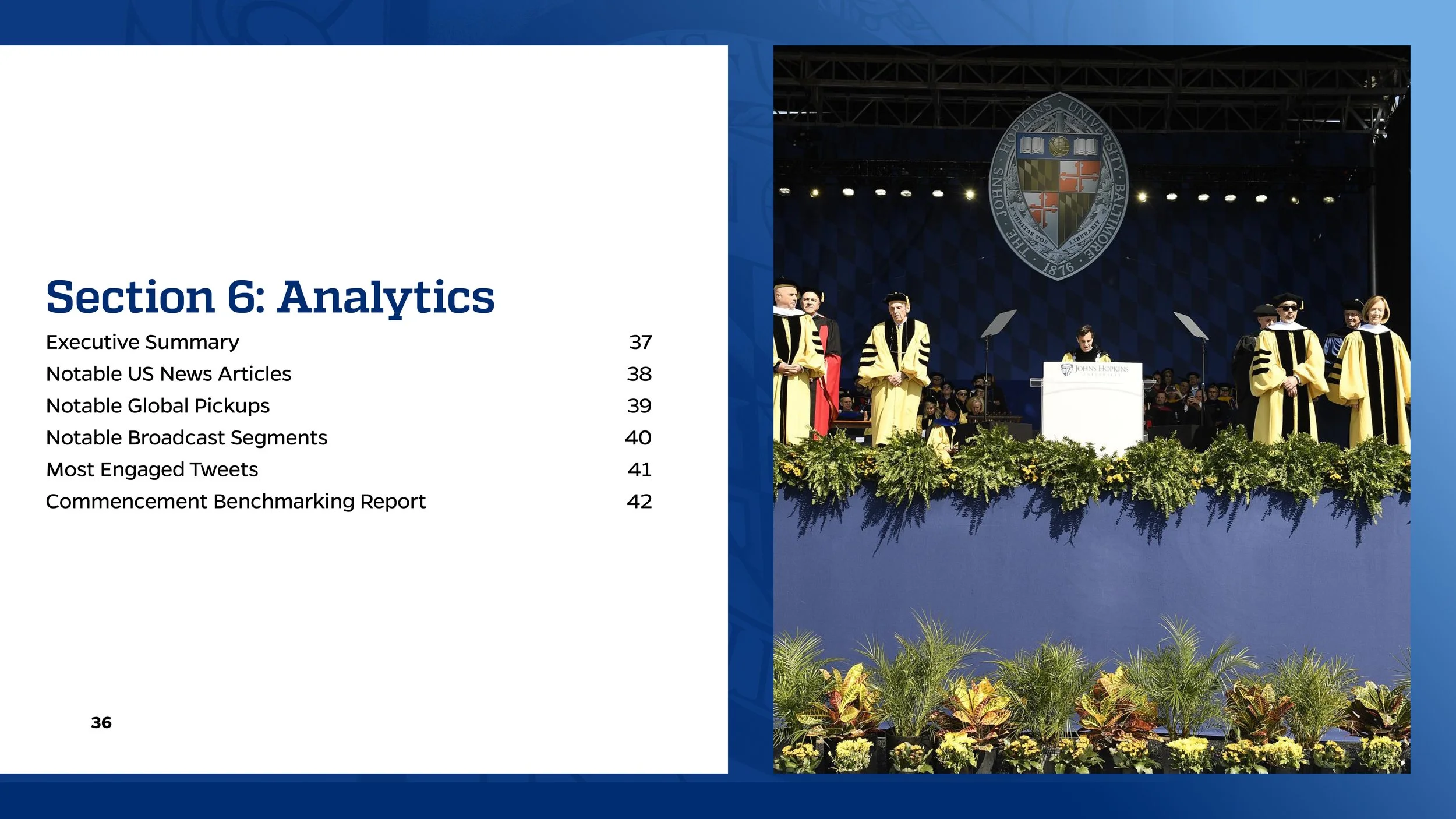 Table of contents page titled 'Section 6: Analytics' with topics and page numbers on the left, and a photograph of a commencement ceremony at Johns Hopkins University on the right. The photograph shows graduates in robes and caps on a stage decorated