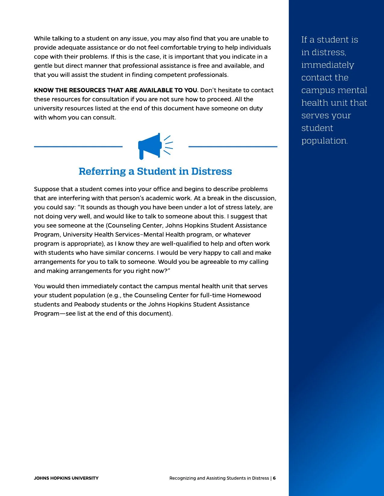 Page from Johns Hopkins University guides on referring students in distress, featuring a blue sidebar, a megaphone icon, and instructional text.