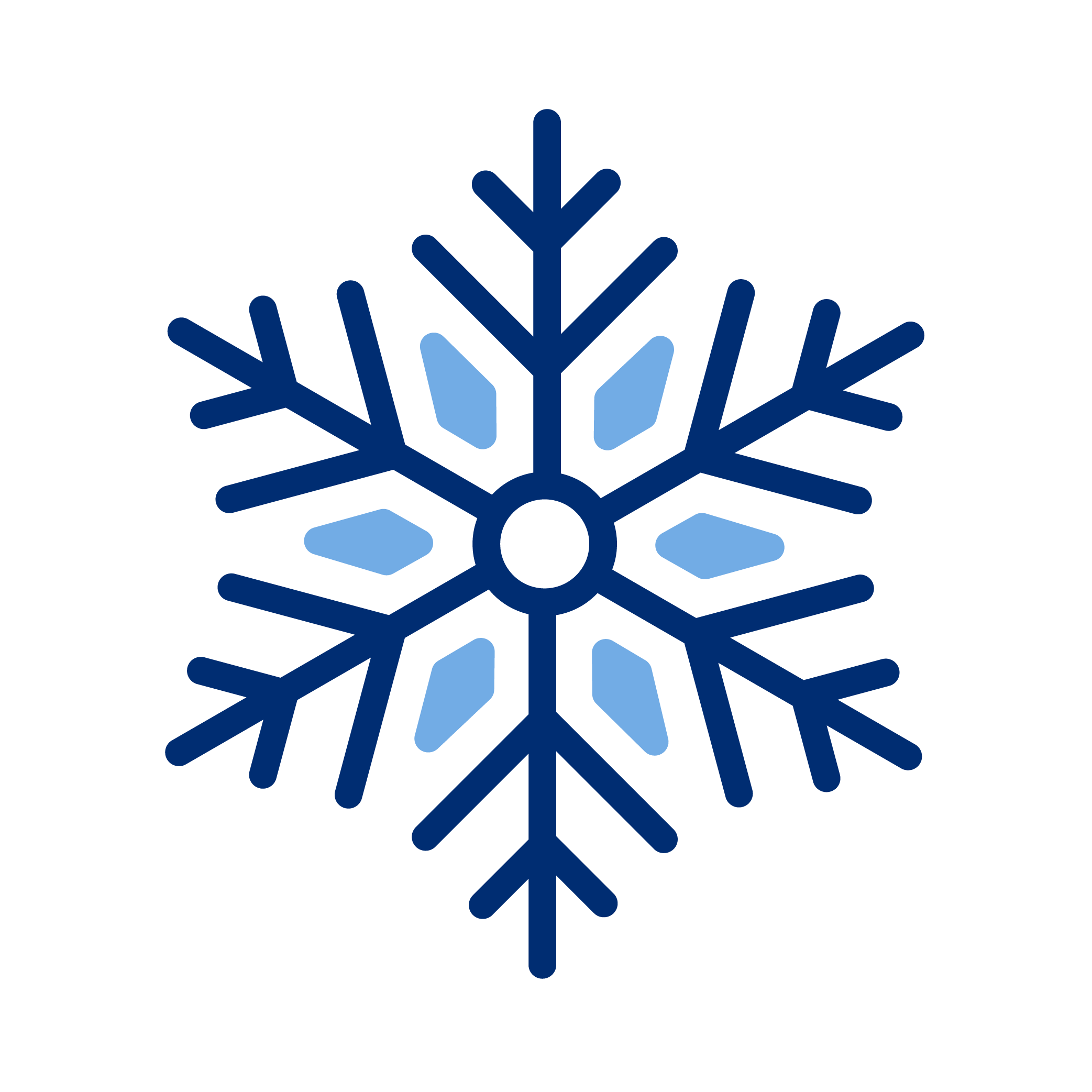 Stylized blue snowflake icon on a black background.
