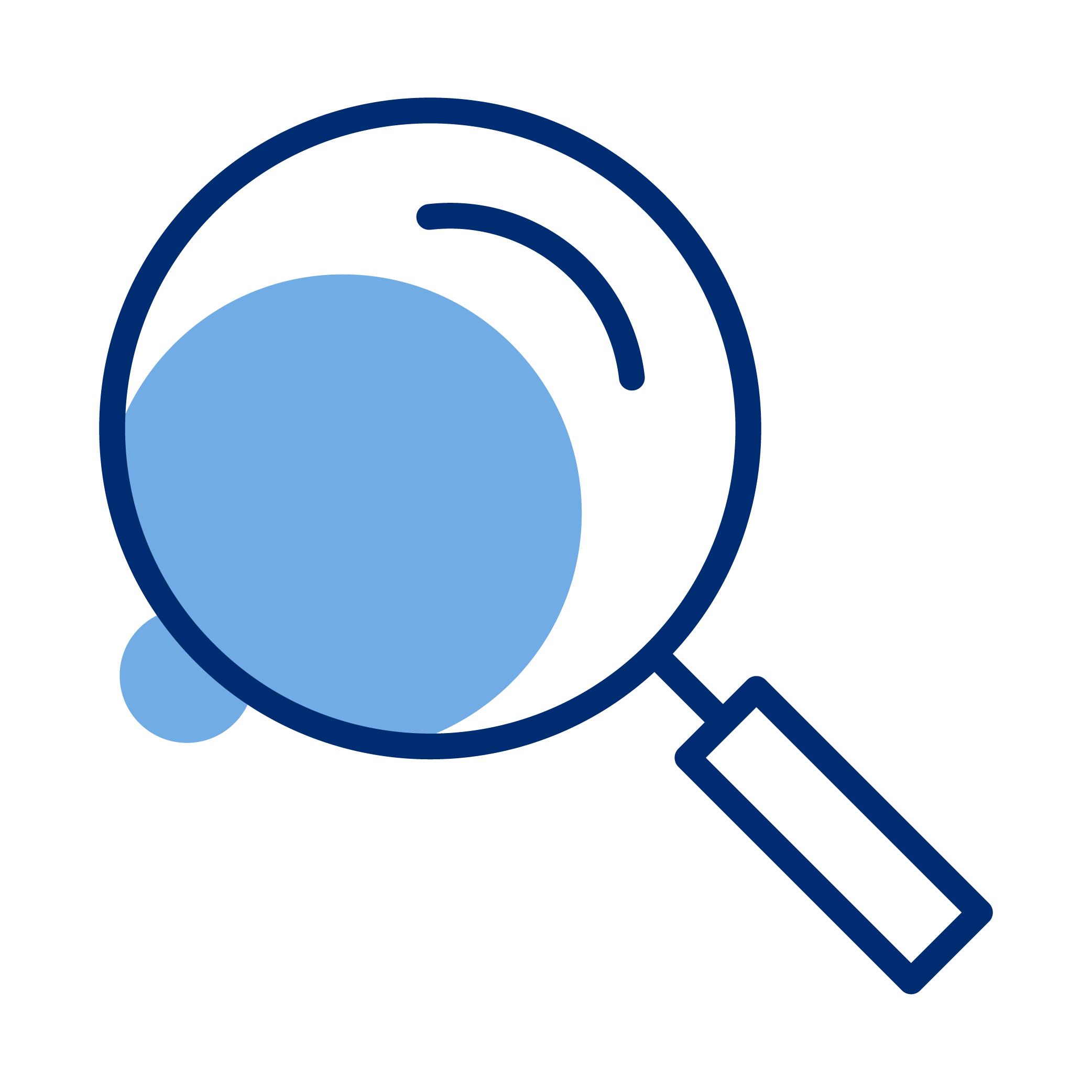 A magnifying glass over a blue pill, representing a search or examination of medication or pills.