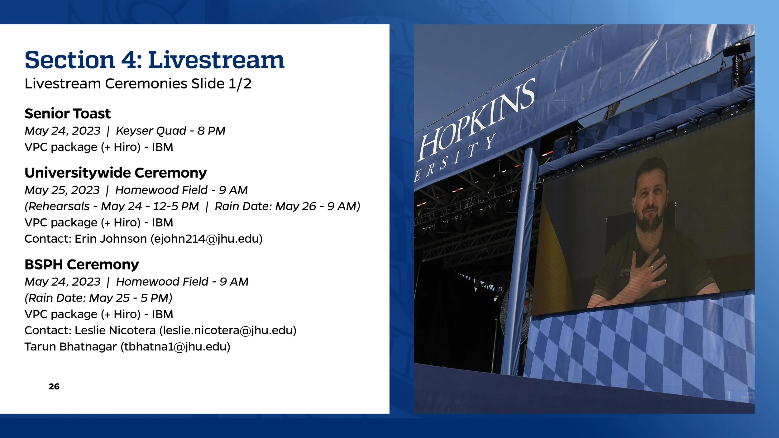 Schedule for Section 4 Livestream Ceremonies at Hopkins University on May 24-25, 2023, displayed on a screen with an image of a person on a large outdoor screen at the event.