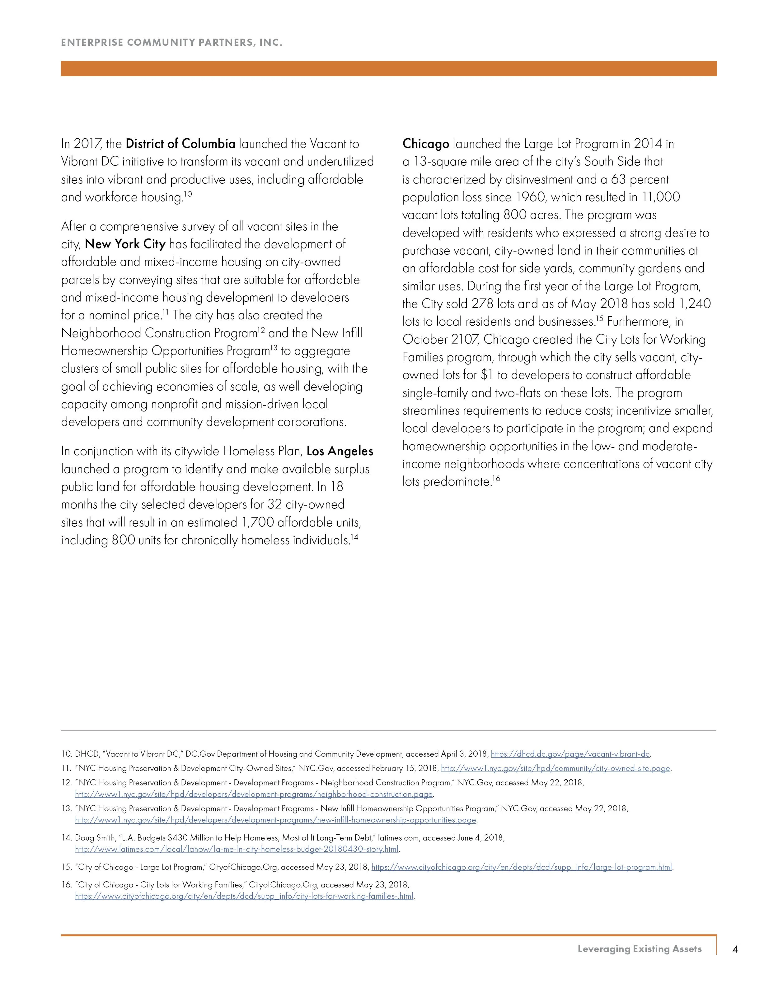 Page from a report discussing affordable housing initiatives in New York City and Chicago, including programs like Vacant to Vibrant DC, Los Angeles Homeless Plan, and City of Chicago Large Lot Program, with references and URLs.