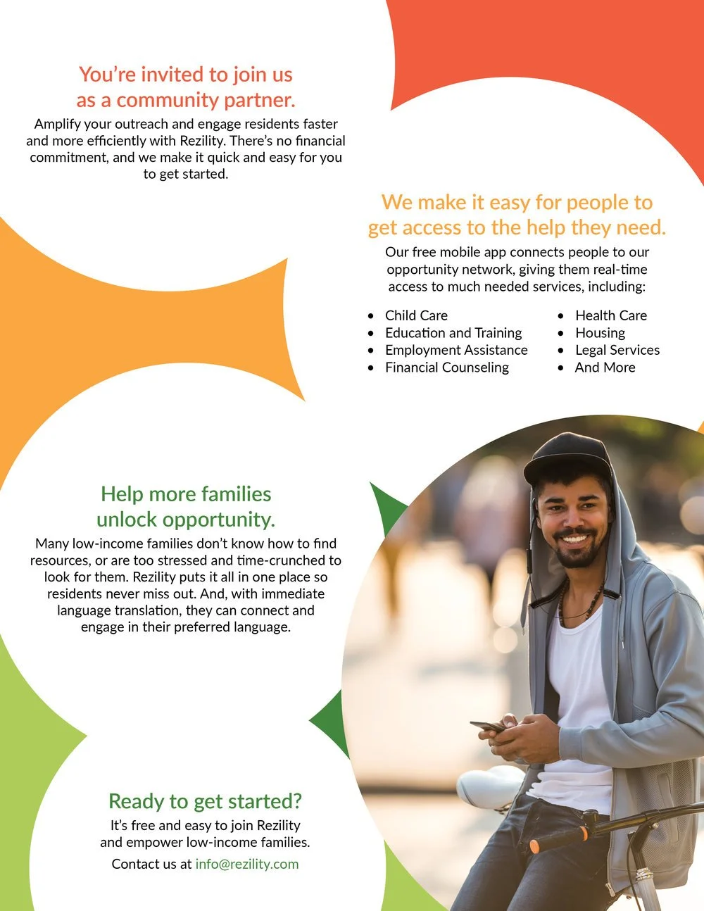 An informational flyer describing how to join Rezility as a community partner. It highlights benefits like easier outreach, access to essential services for low-income families, and involved areas such as child care, health care, education, housing, 