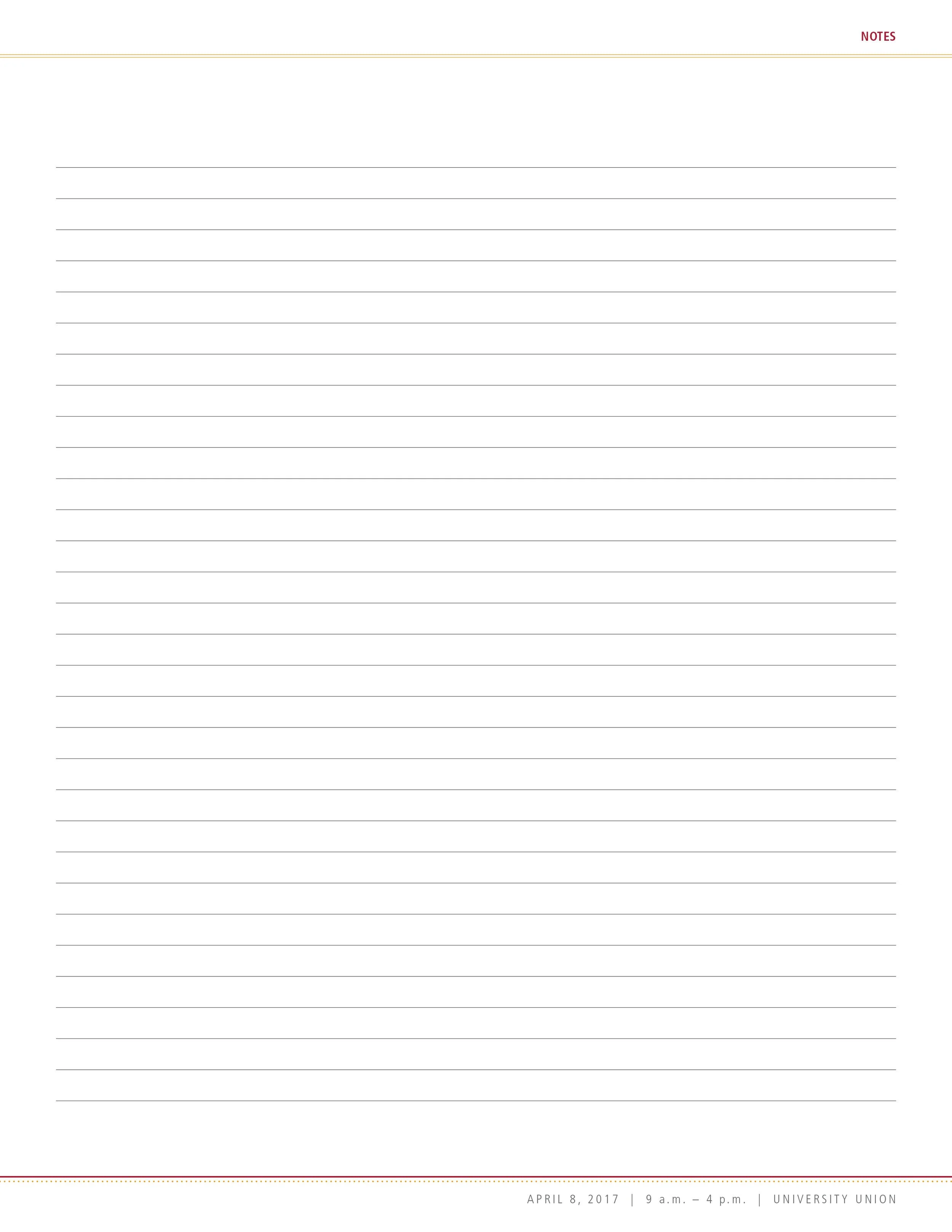 Blank lined note page with 'Notes' at the top right, date and event information at the bottom, and a red underline.