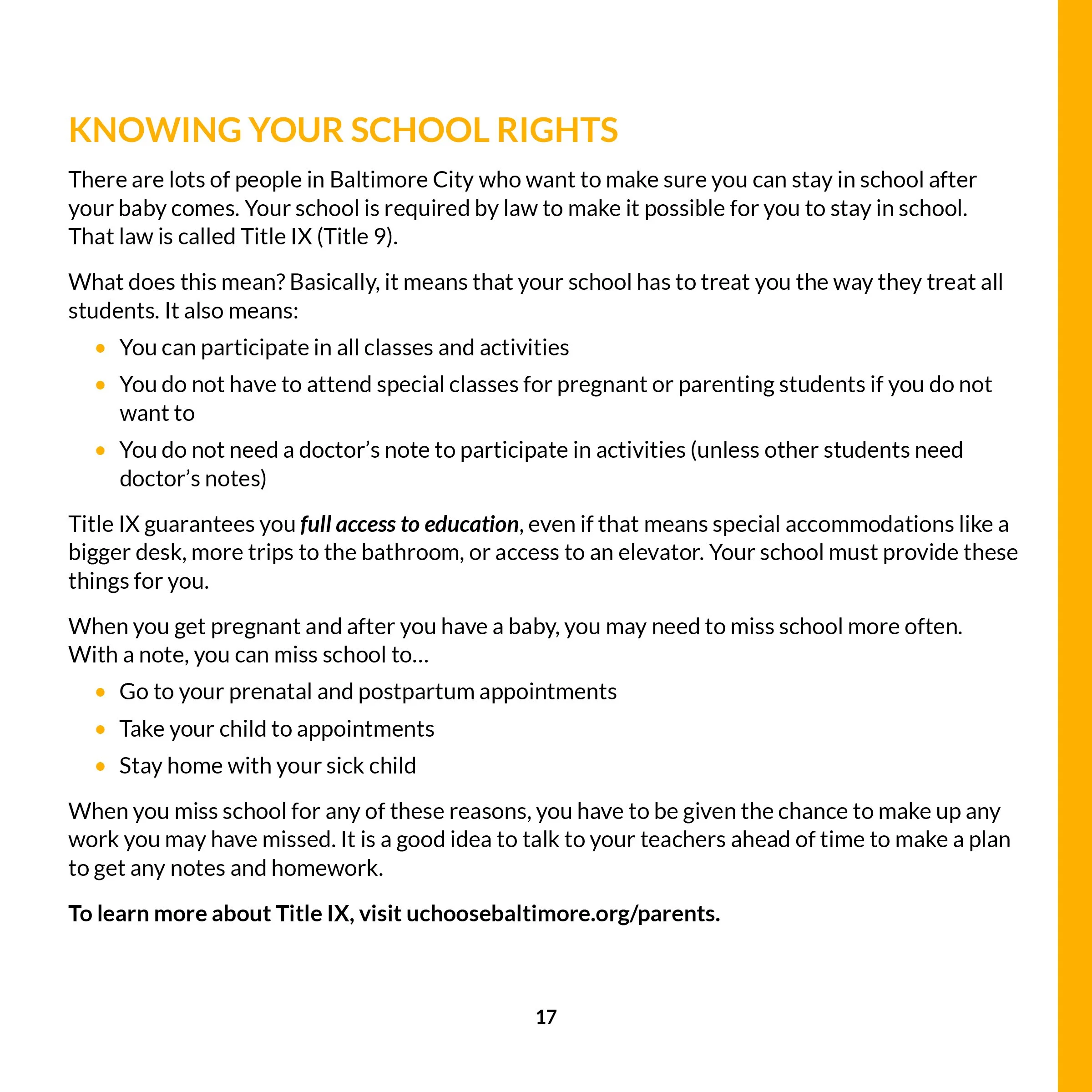Information page about students' rights to stay in school in Baltimore, Maryland, under Title IX, discussing participation, accommodations, and missing school, with a focus on pregnant students and new mothers.