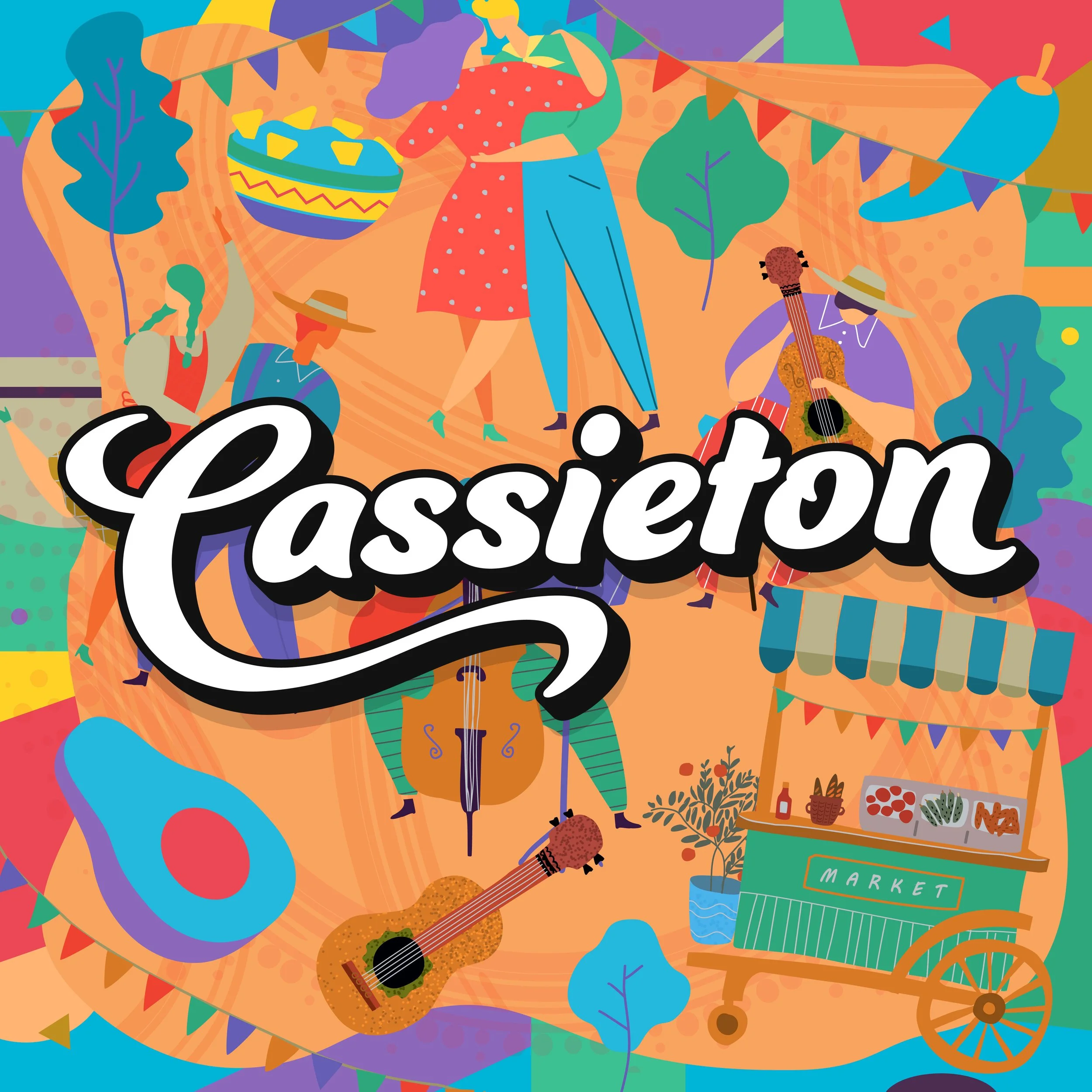 Colorful illustrated scene of a lively outdoor festival, featuring dancing couples, musicians with guitars, a market cart, and festive decorations like bunting and trees, with the word 'Cassleton' prominently displayed in the center.