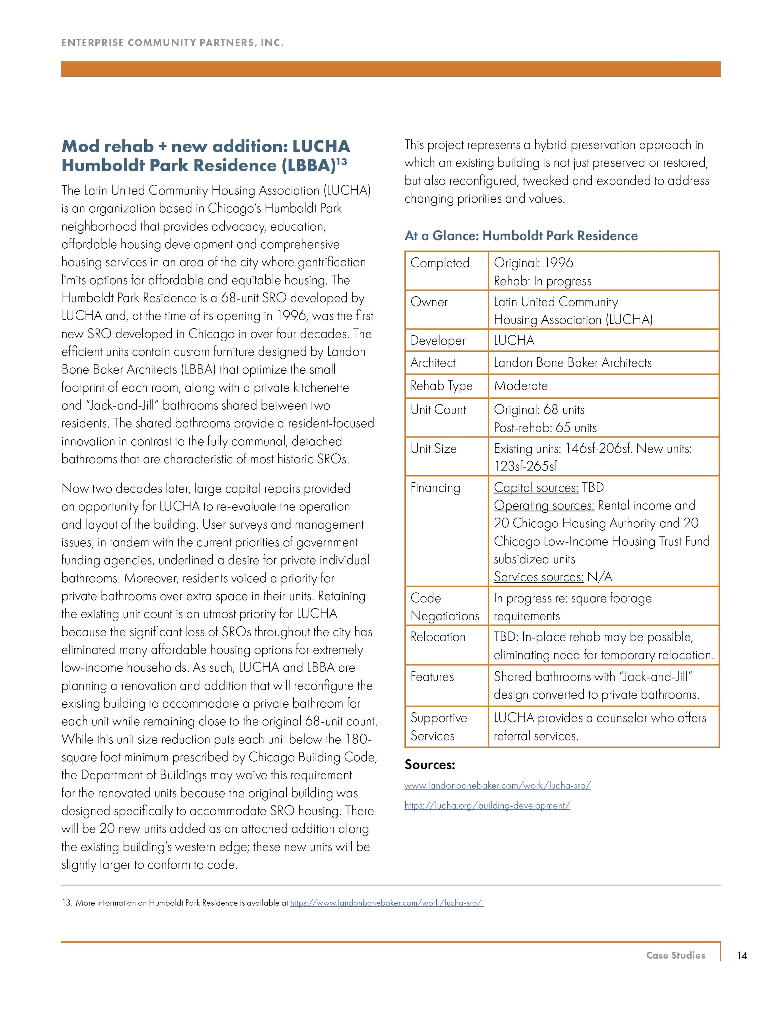 Page from a report discussing the rehabilitation and expansion of Humboldt Park Residence, a housing project by LUCHA. The page includes project details, background, and features of the housing development.
