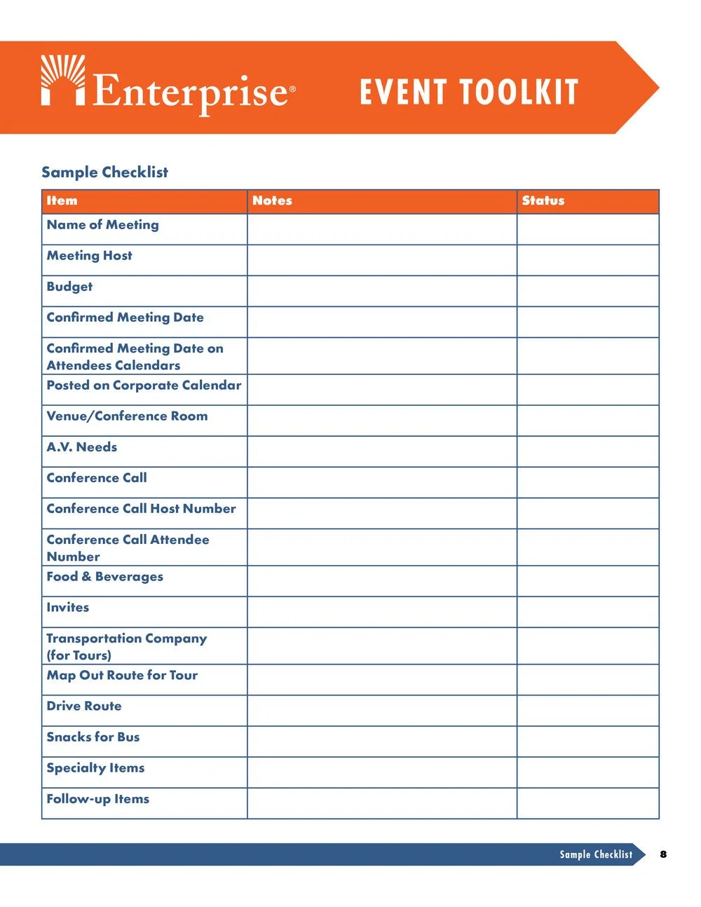 Sample event planning checklist on a page with an orange banner at the top reading 'Enterprise Event Toolkit'. The checklist has columns for Item, Notes, and Status, and includes tasks like meeting details, venue, A.V. needs, transportation, and food