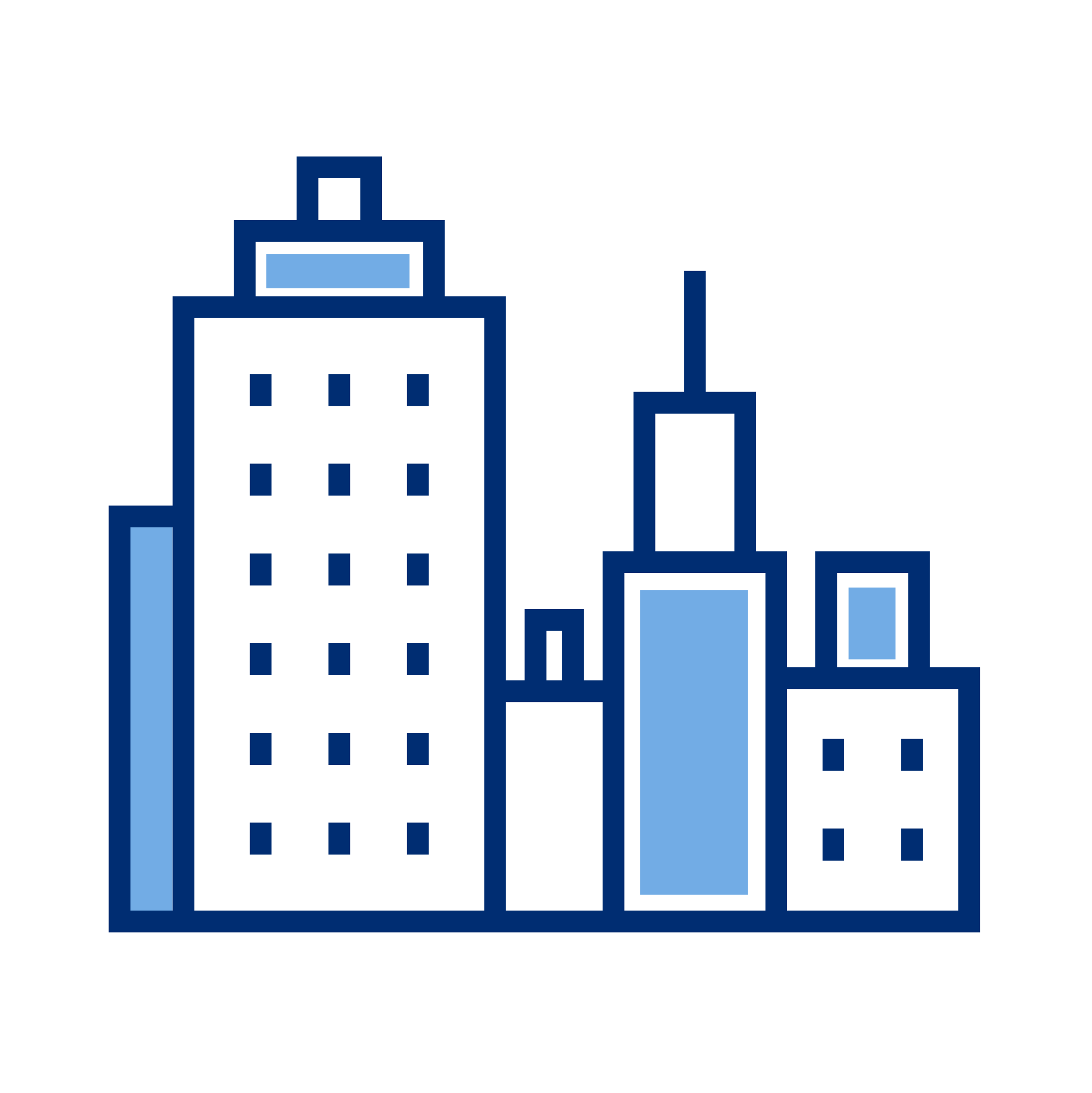 Digital illustration of a city skyline with tall buildings and skyscrapers, outlined in blue with a black background.
