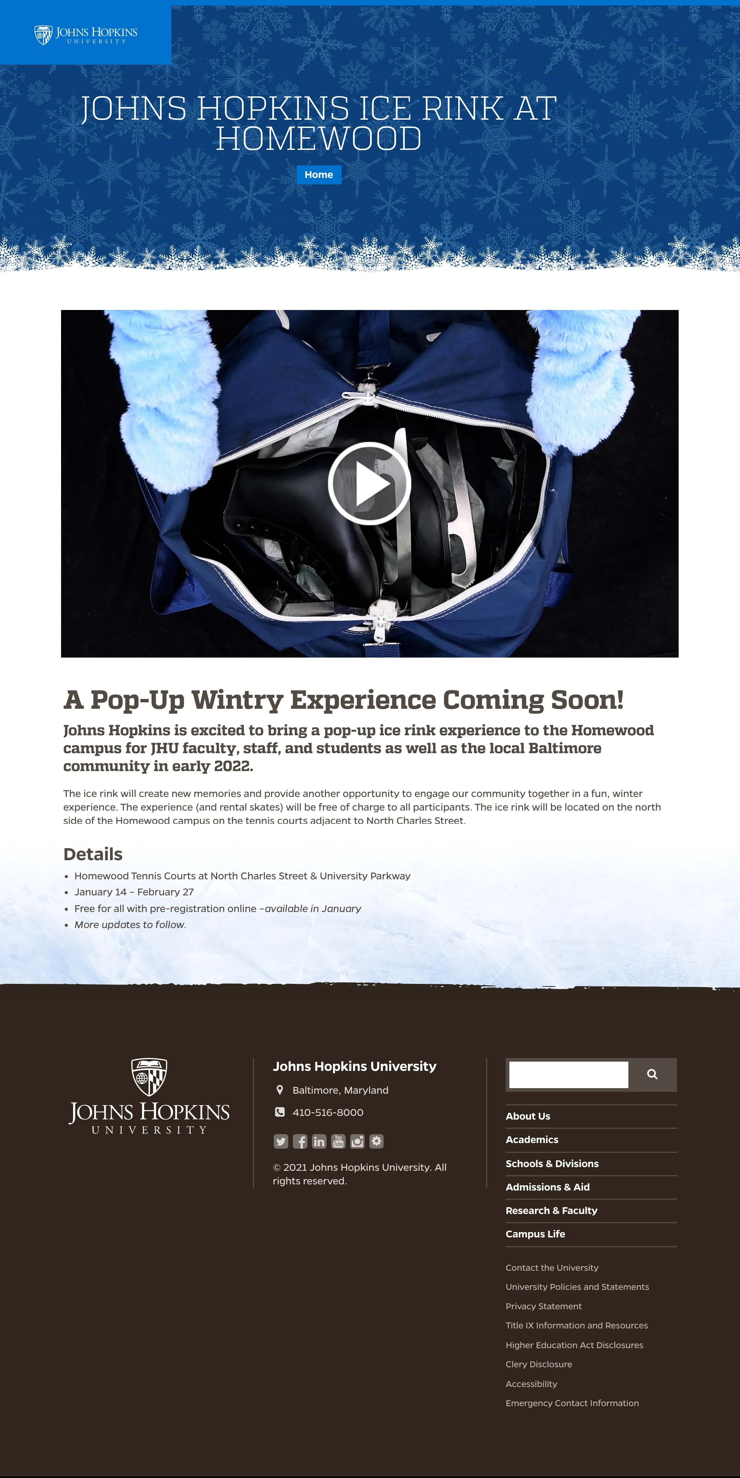 Webpage for Johns Hopkins Ice Rink at Homewood with a blue background decorated with snowflakes, featuring an image of a blue bag containing rental skates, and details about the upcoming pop-up ice rink event in Baltimore, Maryland.