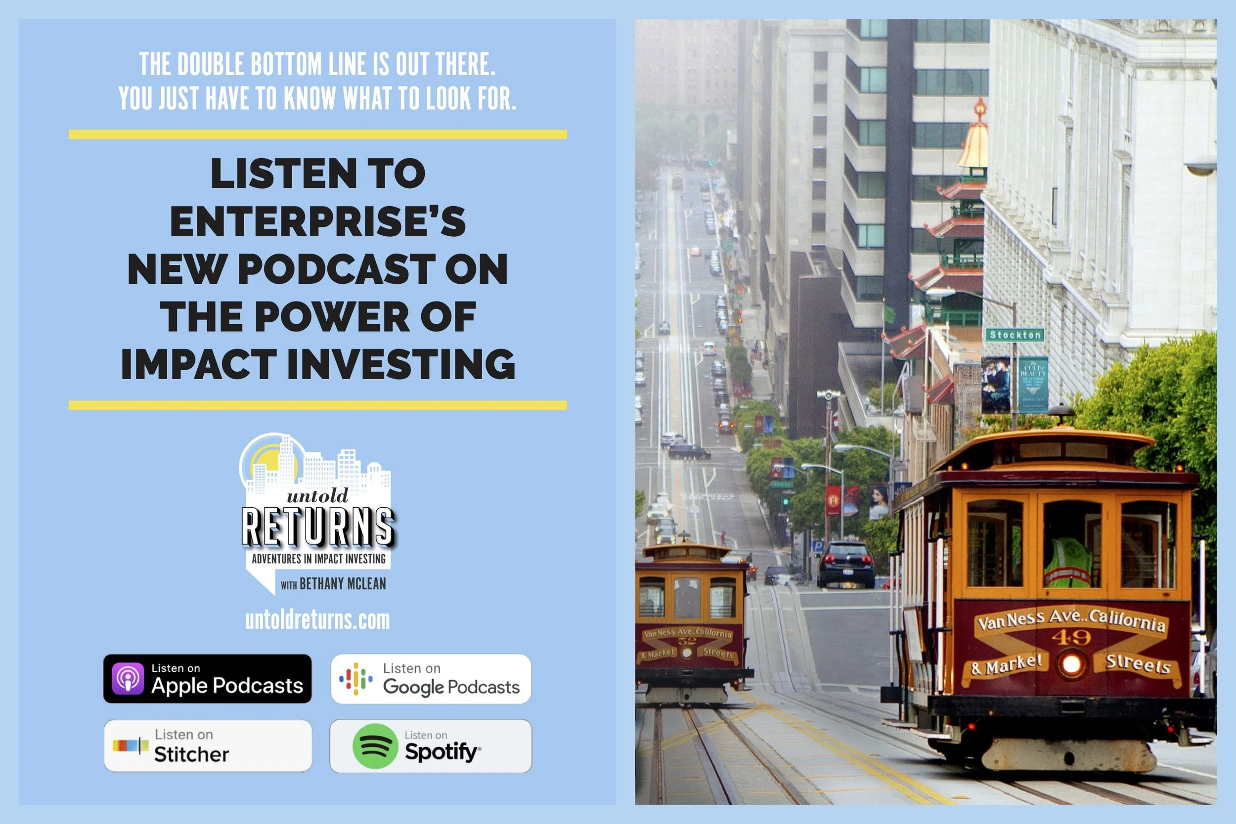 An advertisement for a podcast with a city street scene. The left side features text about a podcast on impact investing, mentioning platforms like Apple Podcasts, Google Podcasts, Stitcher, and Spotify. The right side displays a photo of a cable car