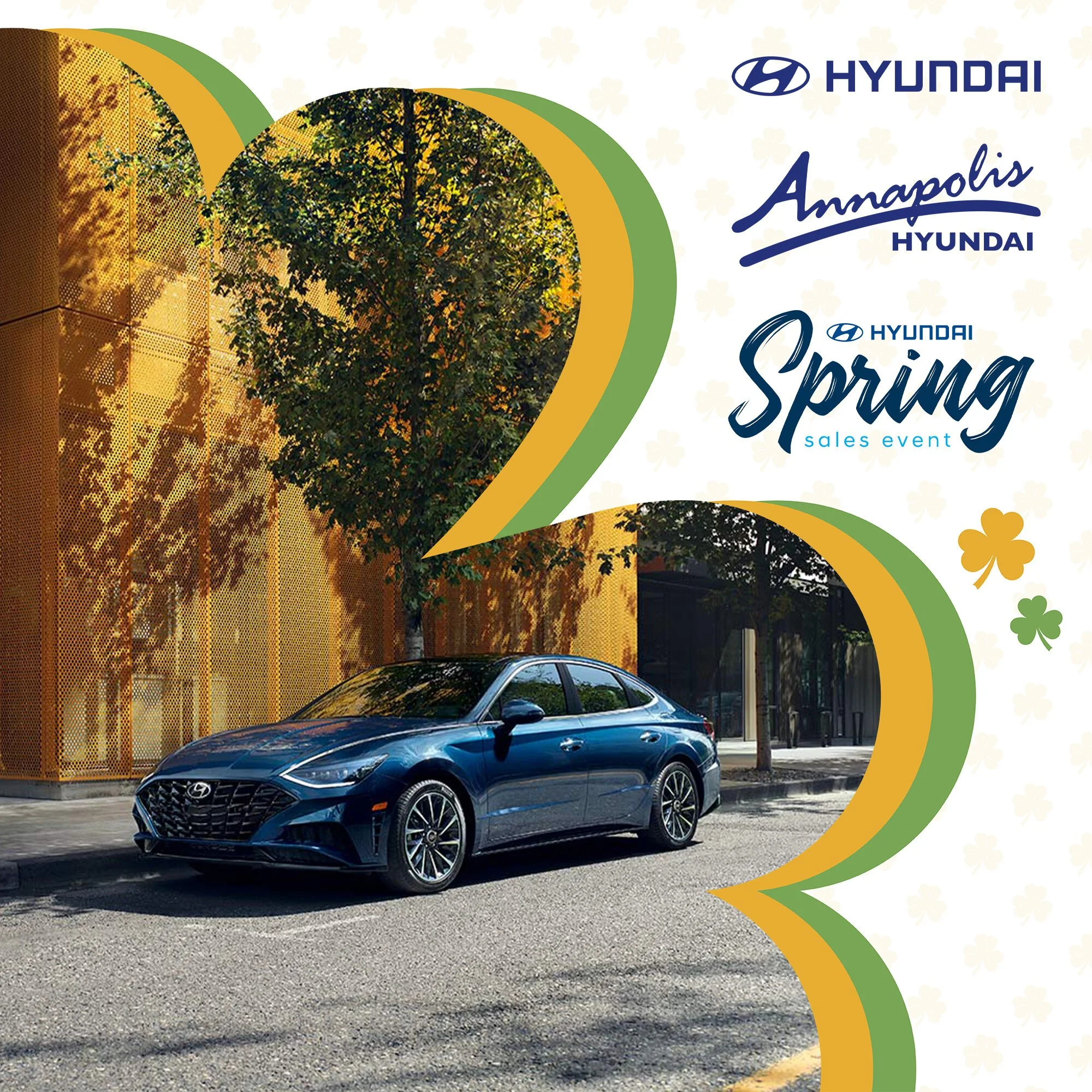 A blue Hyundai sedan parked on a city street with trees and buildings in the background. Promotional graphic for Hyundai Annapolis Spring sales event, featuring spring-themed shamrock decorations and green and yellow accents.