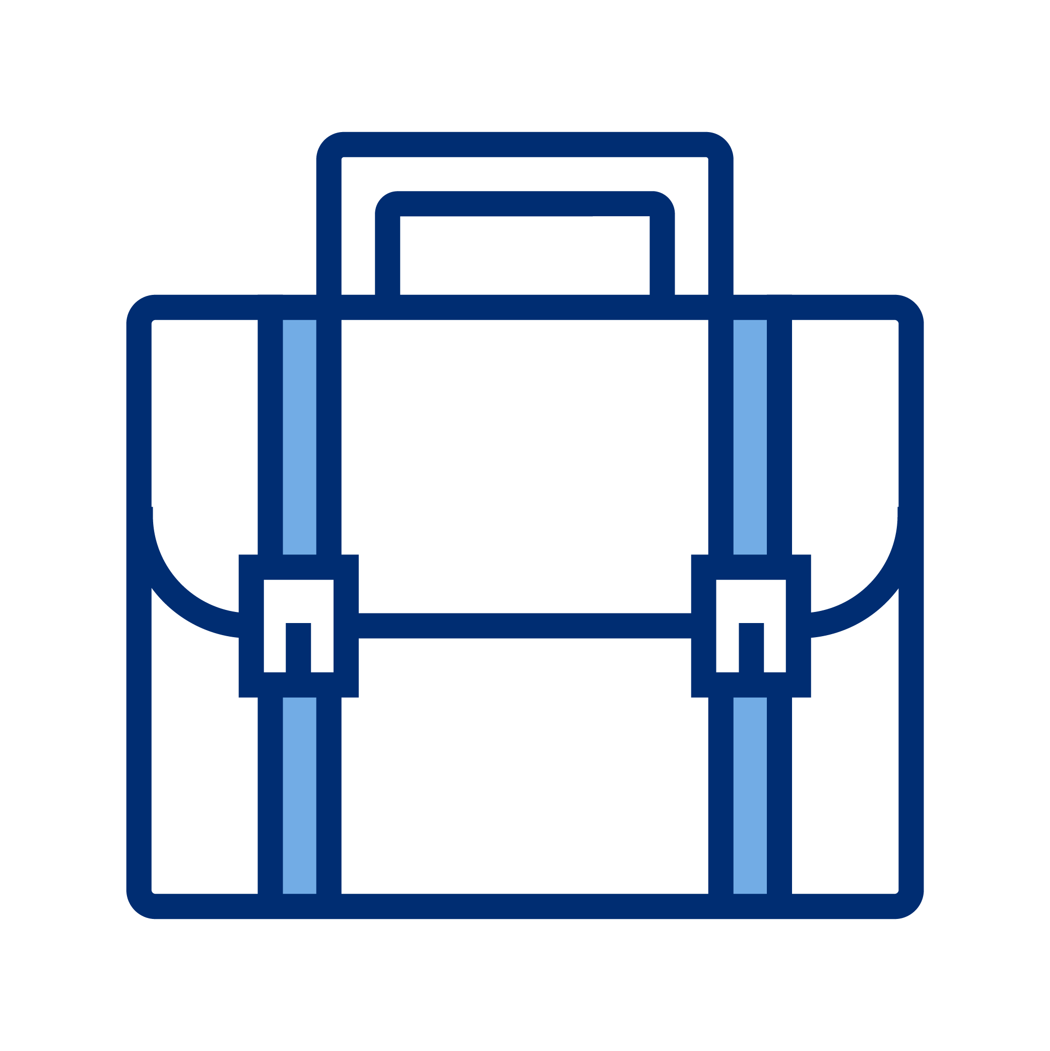 Icon of a framed suitcase with straps and handle, outlined in blue.