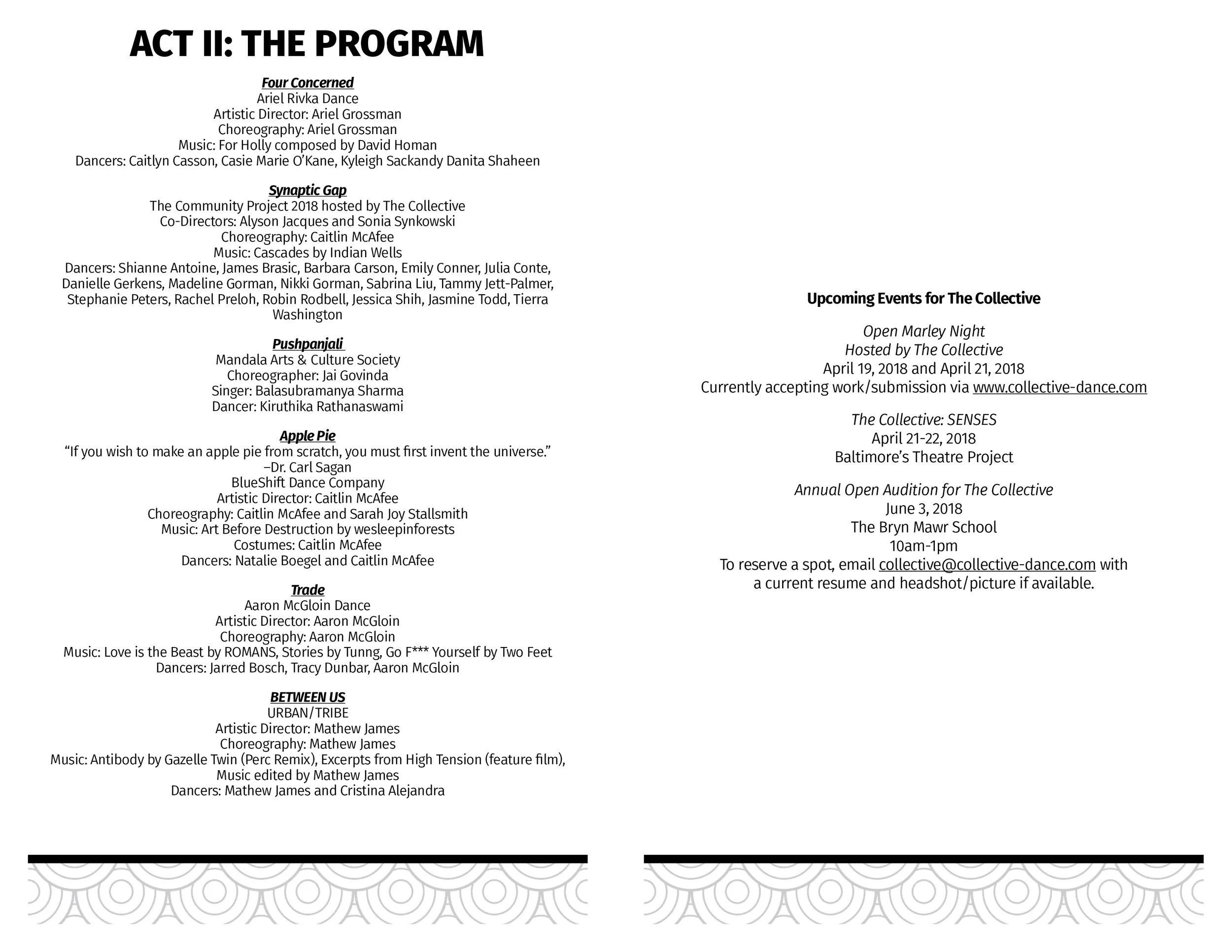 Program schedule for ACT II titled 'The Program', listing dance performances, choreographers, music, and dancers, along with upcoming events, open call for auditions, and contact information.