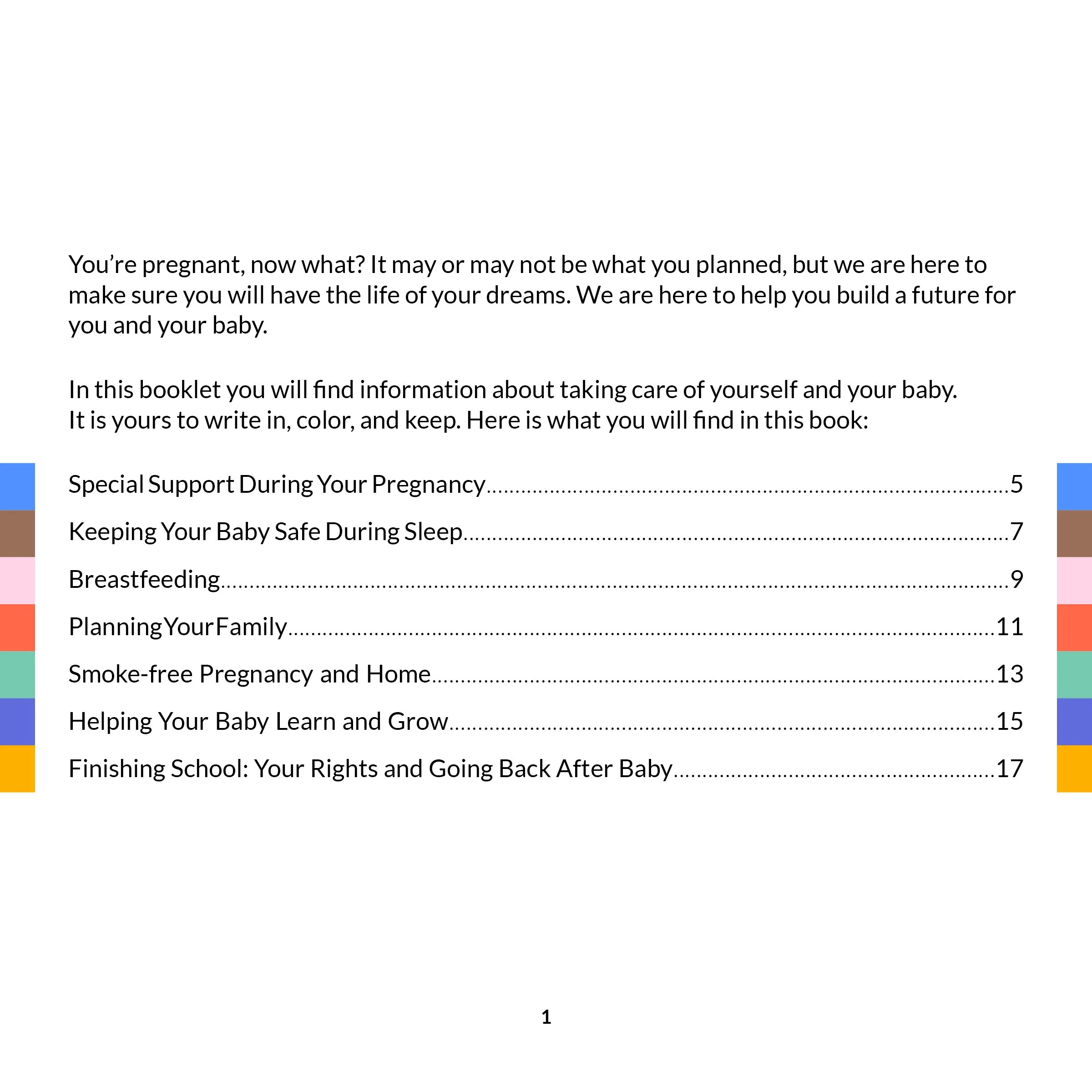 Table of contents page from a pregnancy support booklet, listing topics such as special support during pregnancy, keeping the baby safe during sleep, breastfeeding, planning your family, smoke-free pregnancy and home, helping your baby learn and grow