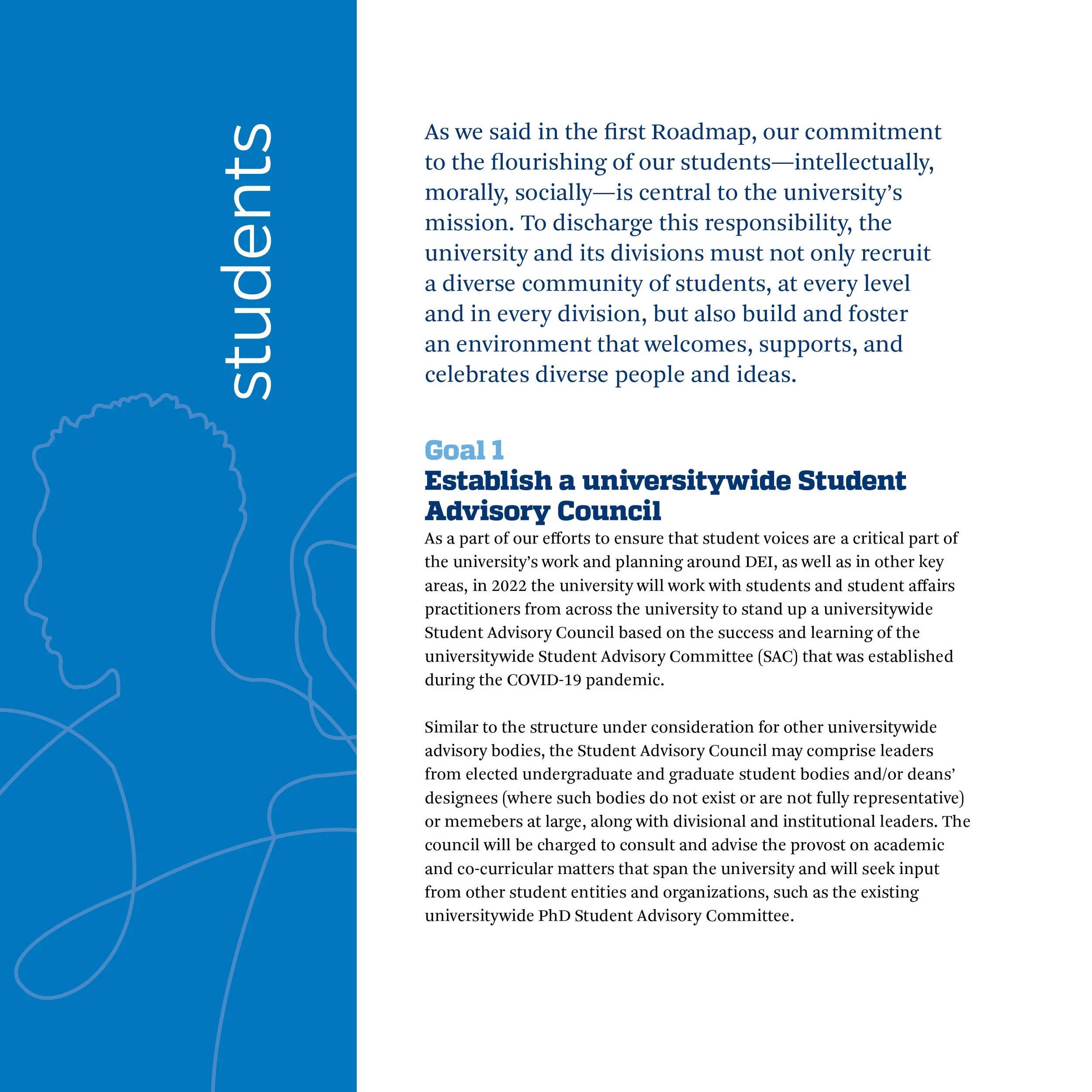 A page from a document with a blue sidebar on the left that reads 'students'. The main text discusses the university's commitment to student success, establishing a universitywide student advisory council, and promoting diversity and inclusion within