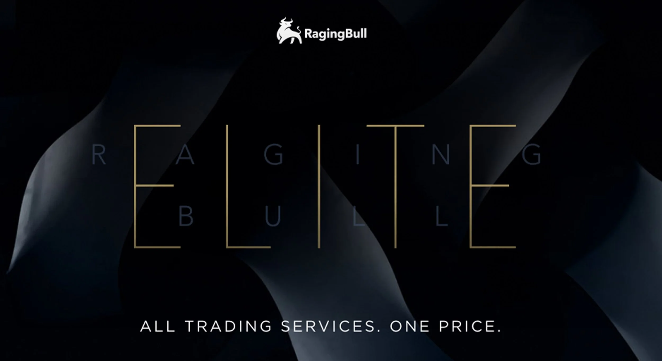 Dark abstract background with the text 'Raging Bull' and the subtitle 'All trading services. One price.'