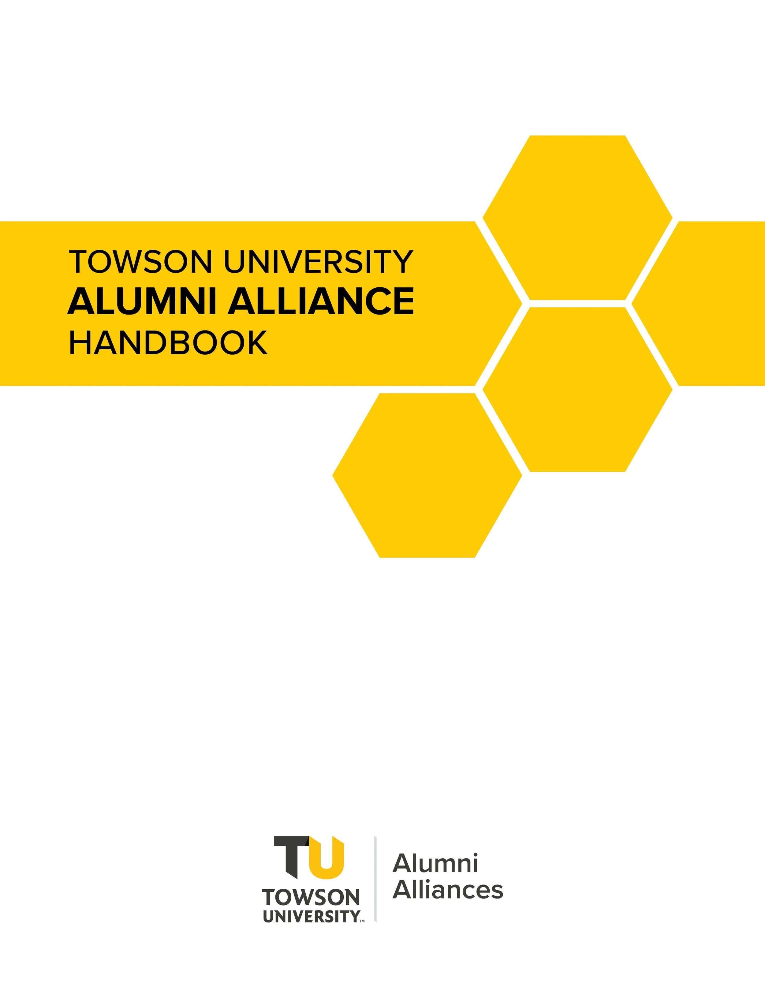 Cover of Towson University Alumni Alliance Handbook with yellow hexagon design and Towson University logo.