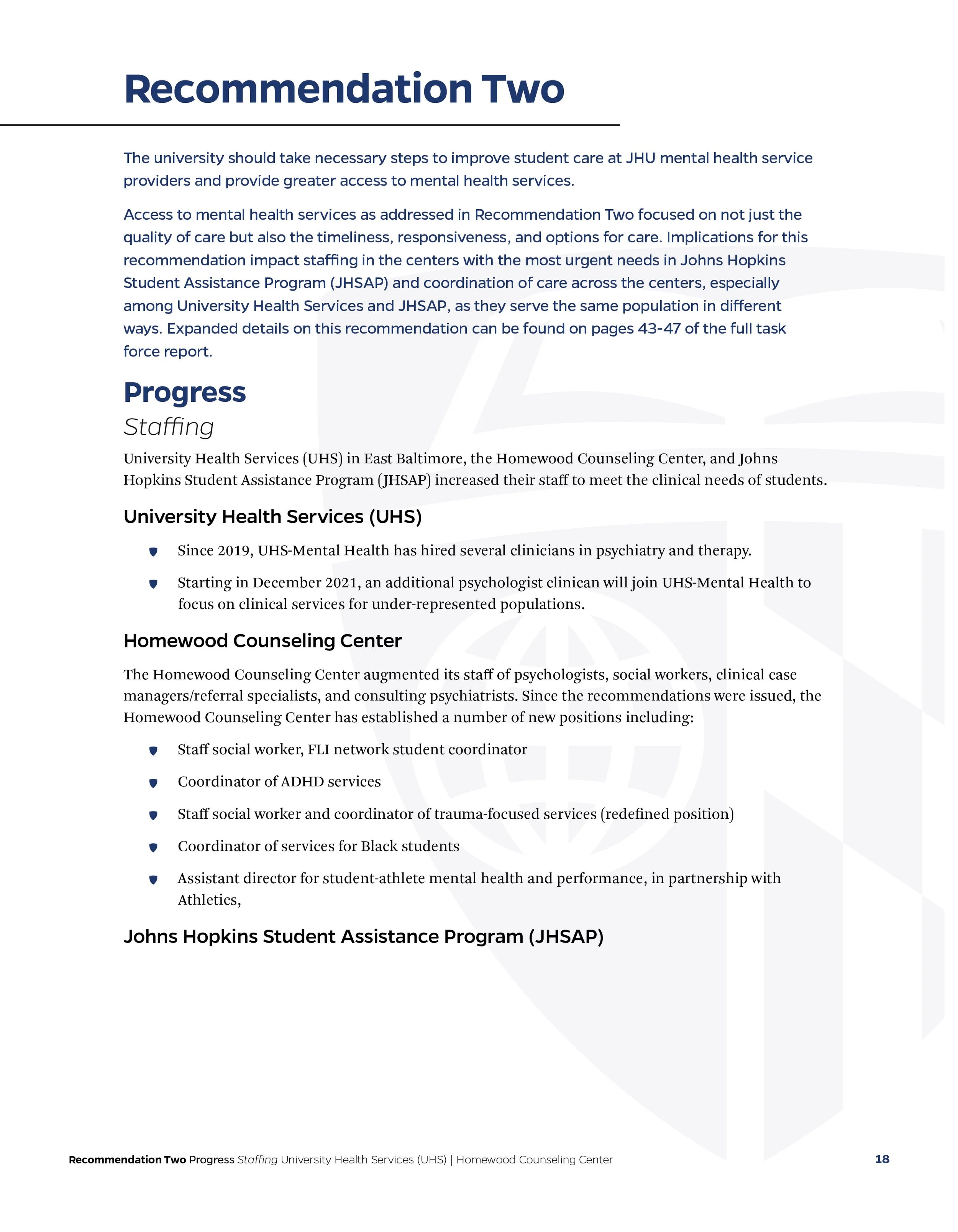 Document titled 'Recommendation Two' discussing steps to improve student care at JHU mental health services, progress reports on staffing, University Health Services, Homewood Counseling Center, and Johns Hopkins Student Assistance Program.