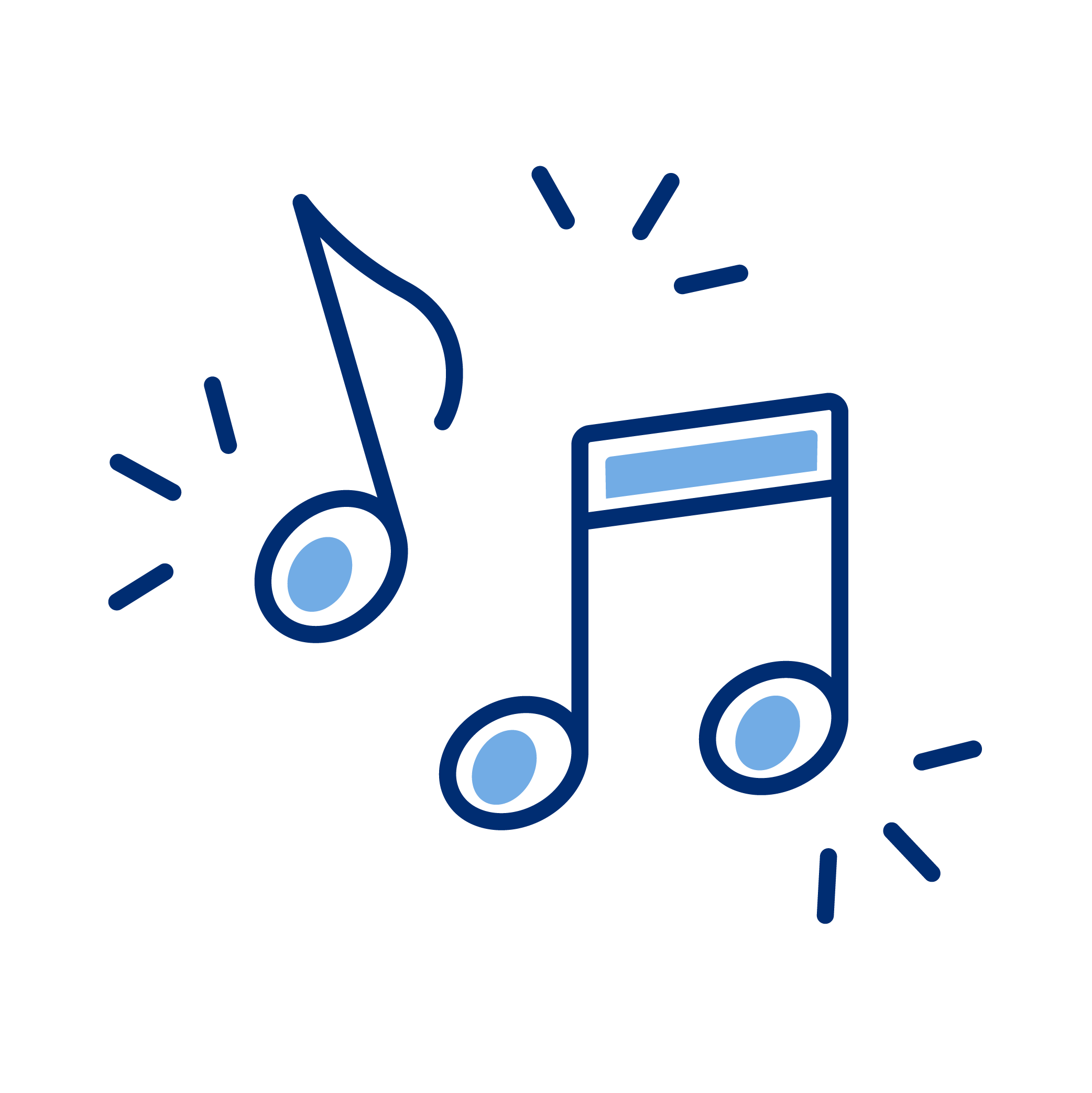Blue outline illustration of a musical note and a music player with musical notes around them.