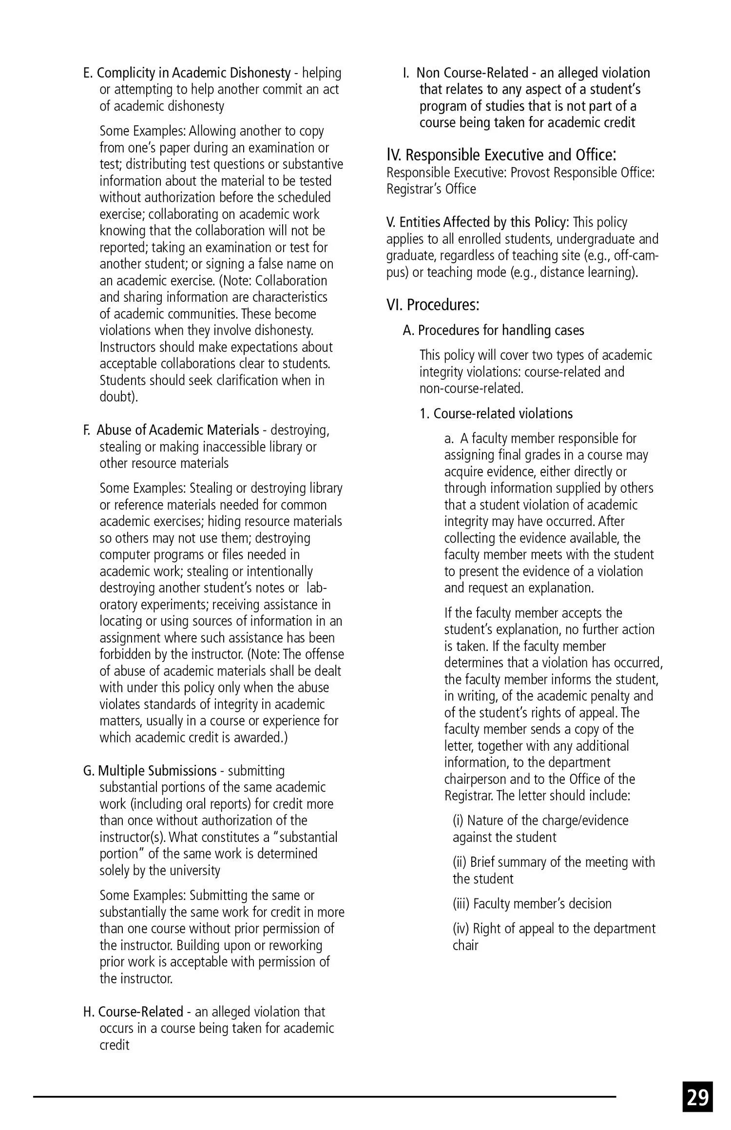 A page from a policy document with sections detailing academic dishonesty, misuse of academic materials, multiple submissions, non course-related violations, responsible office, affected entities, procedures for handling cases, and specific violation