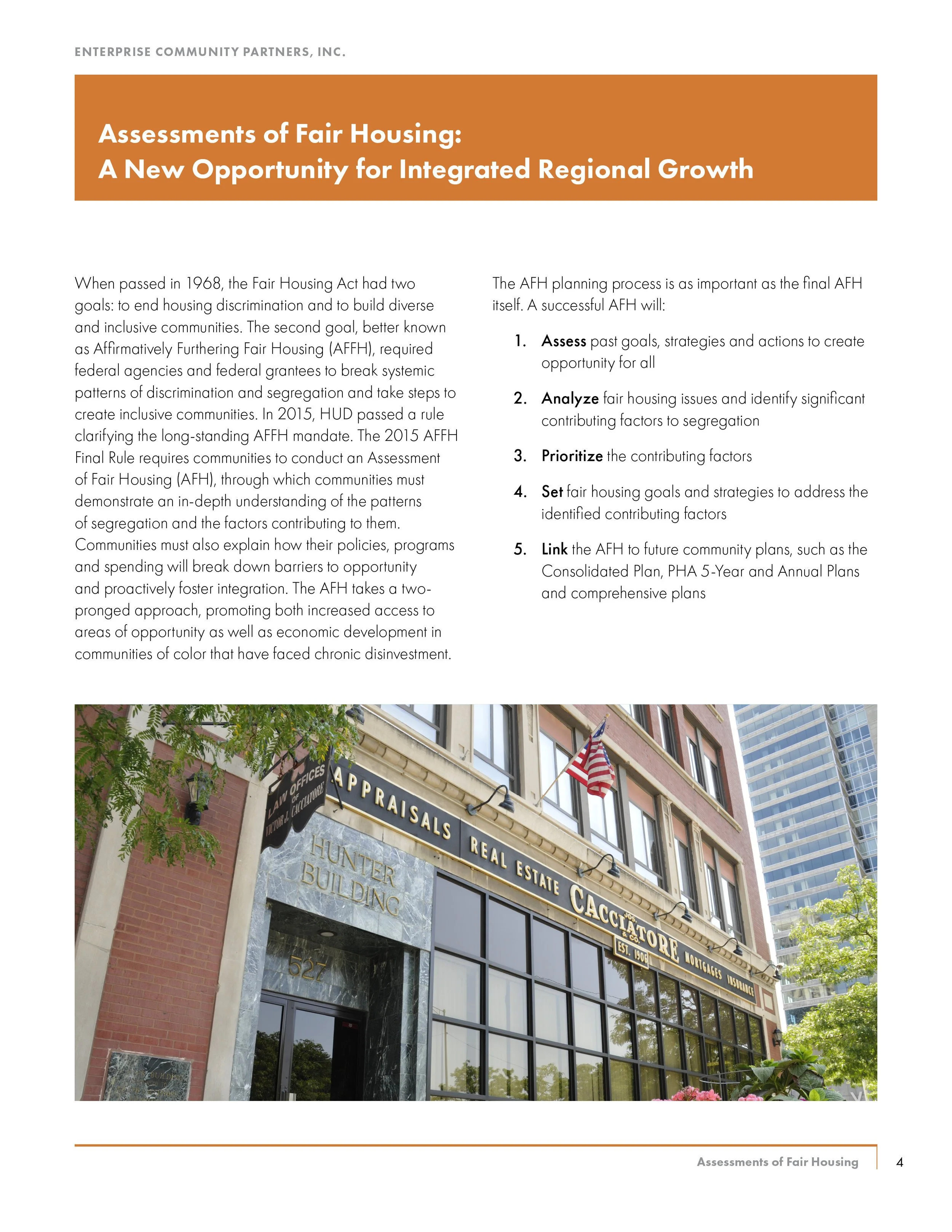 Page from a report or brochure with the title 'Assessments of Fair Housing: A New Opportunity for Integrated Regional Growth', containing text about fair housing assessments and a photo of a building with signs for appraisals and real estate, and an 