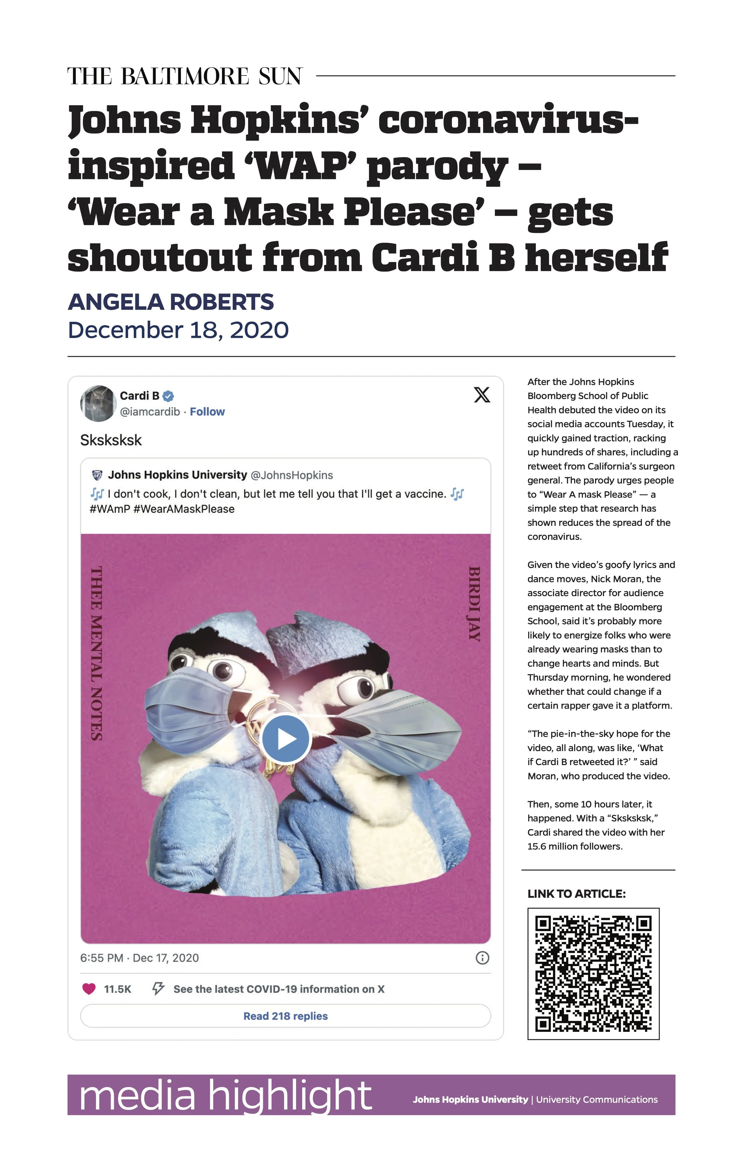 A screenshot of a news article about Johns Hopkins' coronavirus-inspired 'WAP' parody, featuring an animated image of two puppet characters wearing face masks and the article's text.