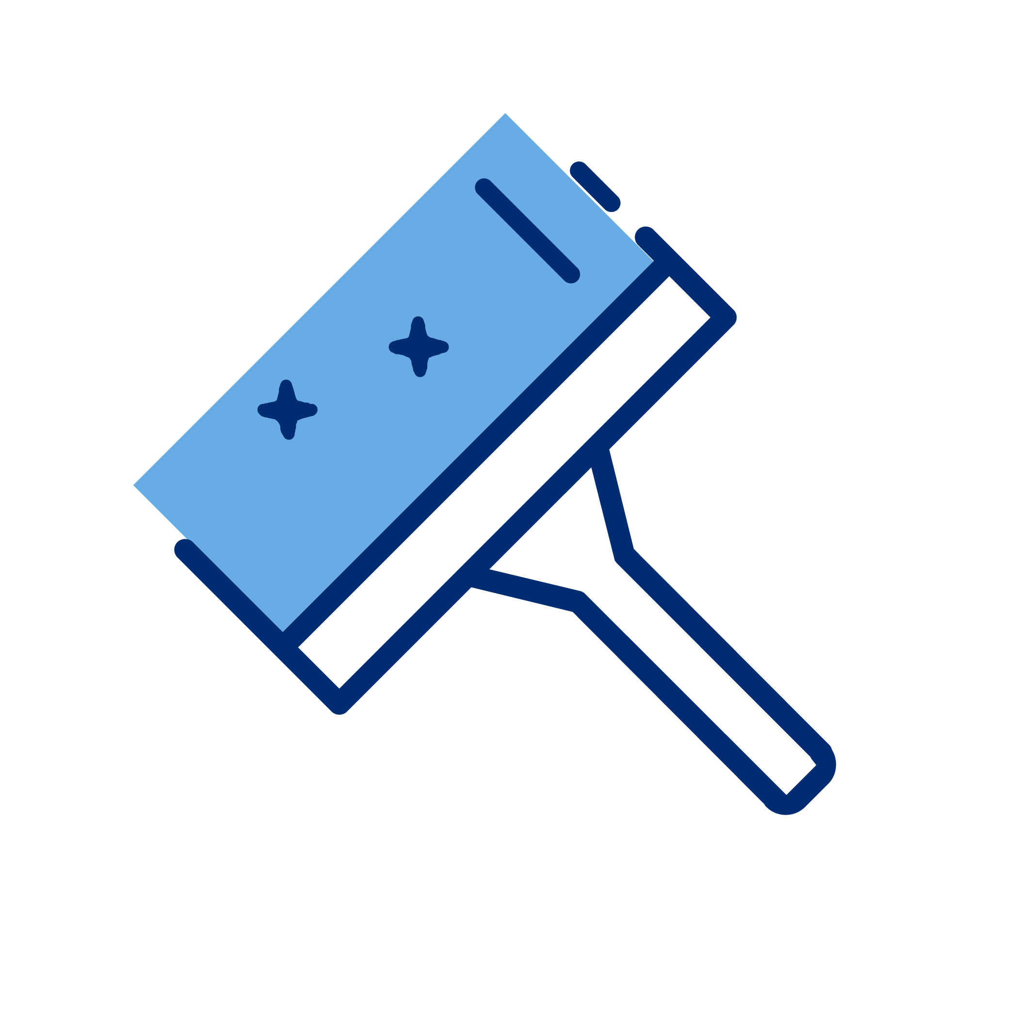 A digital illustration of a paint roller with a blue handle and a blue roller cover, which has two darker blue plus signs on it.