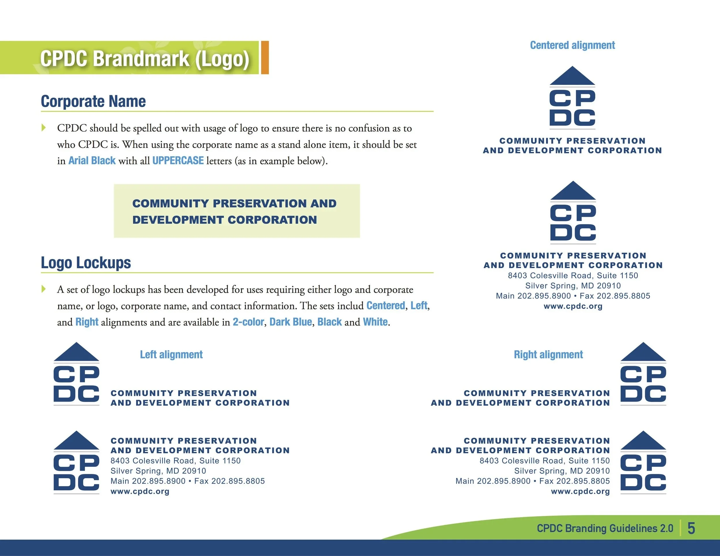 Guide on logo usage for Community Preservation and Development Corporation (CPDC), including logo lockups with centered, left, and right alignments, and contact information.