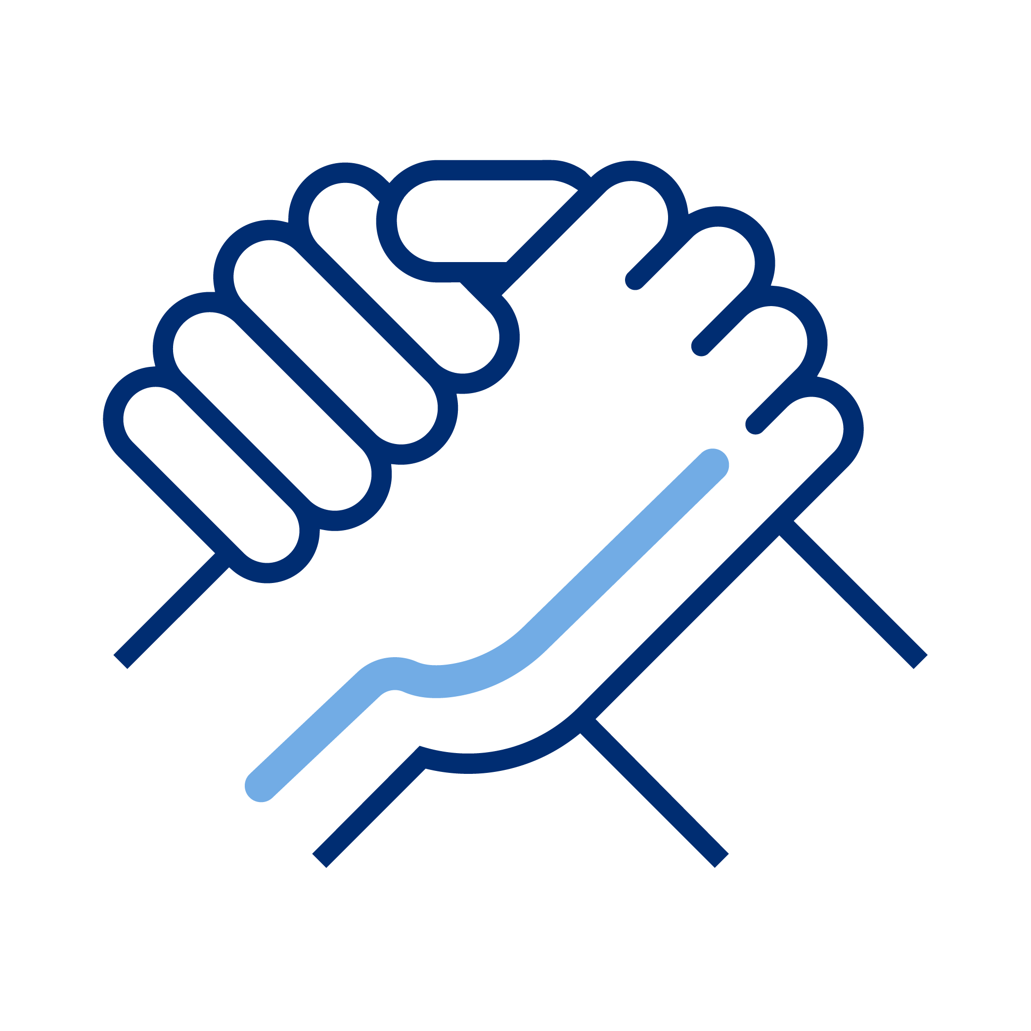 Line drawing of two hands clasped in a handshake, outlined in dark blue and light blue against a black background.