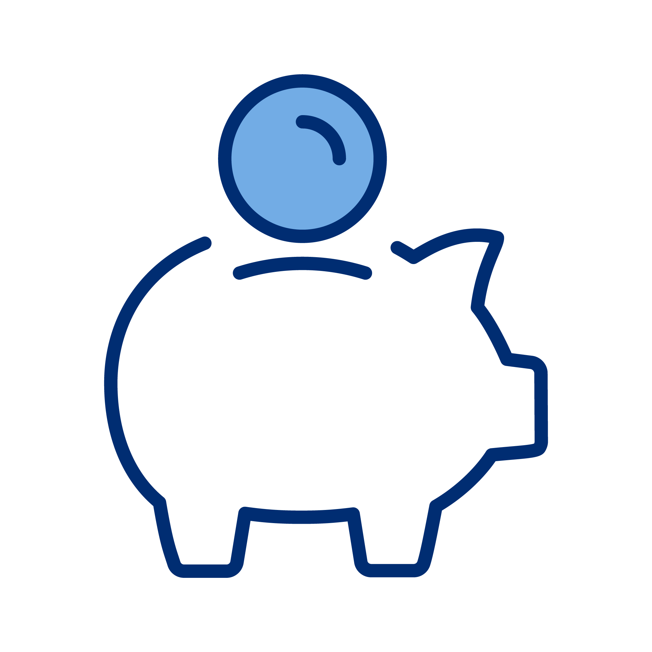 A blue piggy bank with a coin slot and a coin above it, symbolizing savings or money saving.