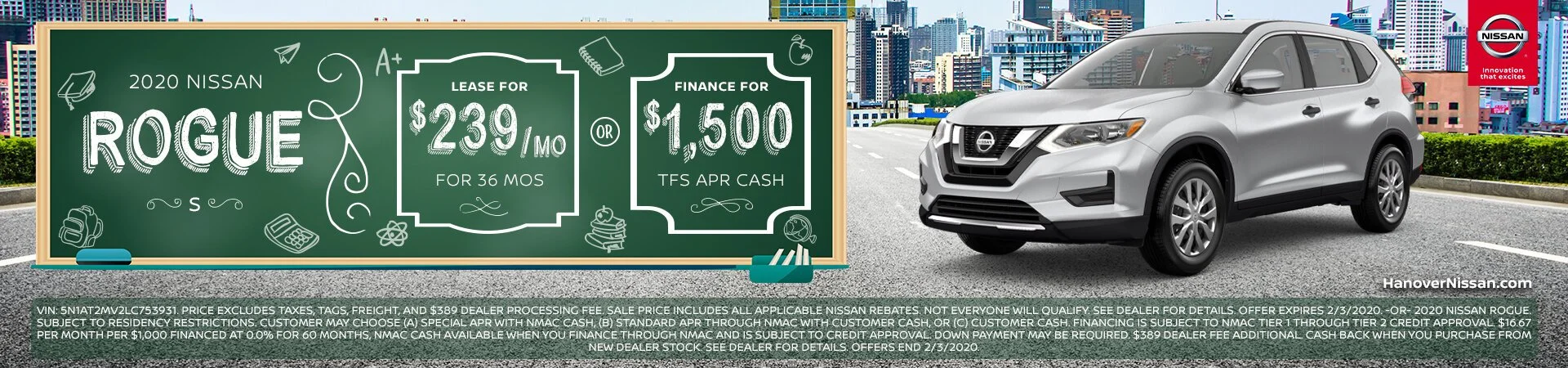 A promotional billboard for the 2020 Nissan Rogue S. It advertises leasing for $239 per month for 36 months or financing for $1,500 cash through TFS. The billboard features a silver Nissan Rogue SUV parked on a city street with a city skyline in the 