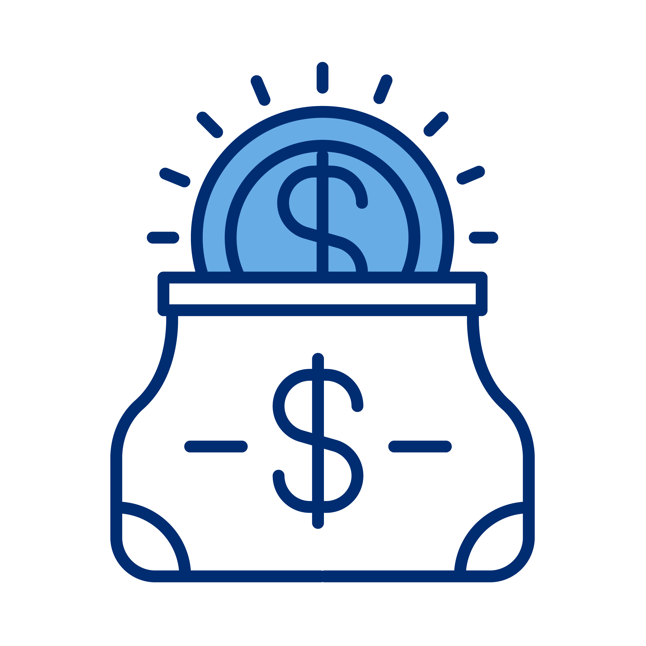 Outline illustration of a money bag with a dollar sign, with a coin on top displaying a dollar sign and rays of light around it.