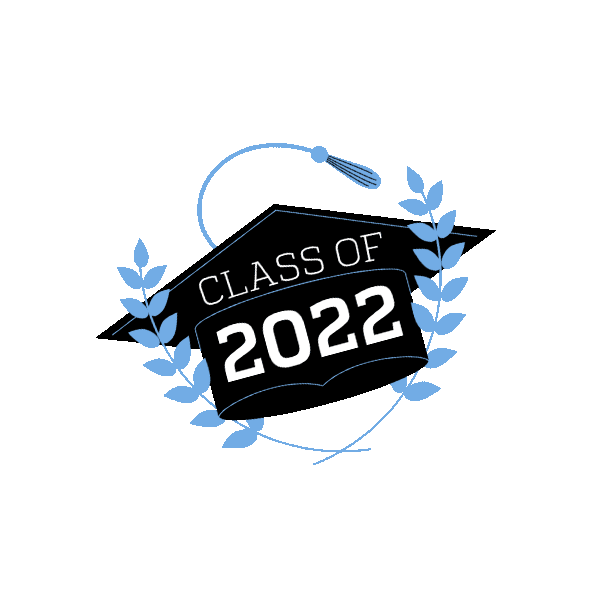 Graduation cap graphic with laurel branches and a diploma scroll surrounding the text 'Class of 2022'