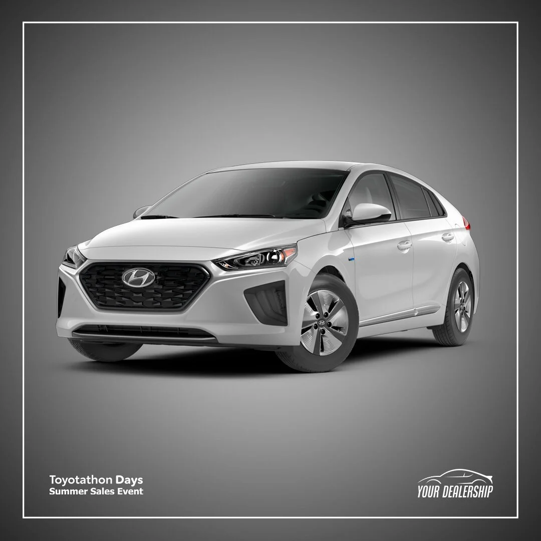 Gray Hyundai sedan on gray background with a white border, promotional text for "Toyotathon Days Summer Sales Event," and a car dealership logo reading "Your Dealership."